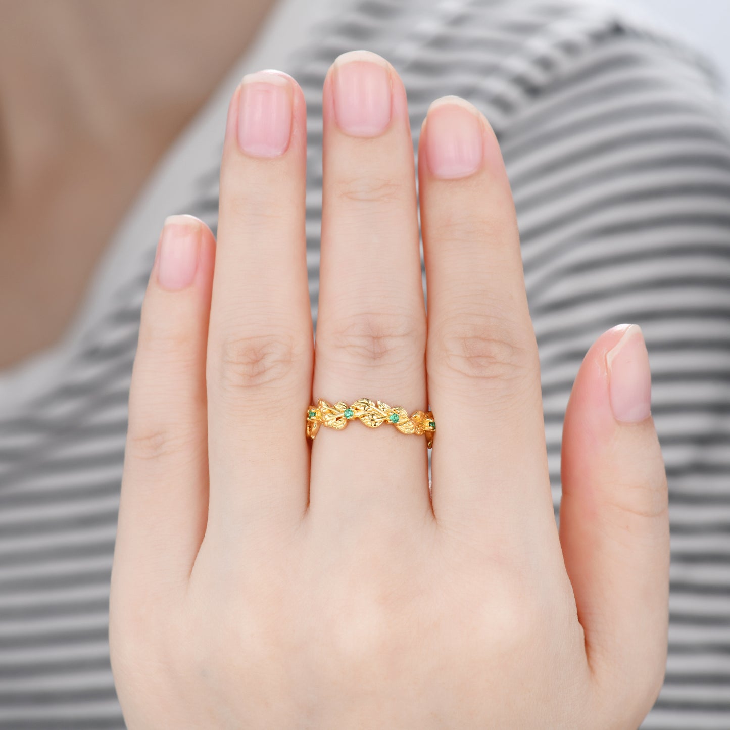 Natural Emerald Green Wedding Band 14K Yellow Gold Floral Full Eternity Ring