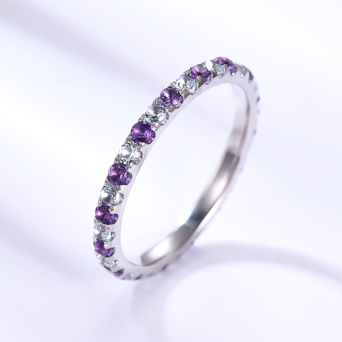 2mm Amethyst and Blue Topaz Wedding Ring 14K White Gold Birthstone Eternity Band