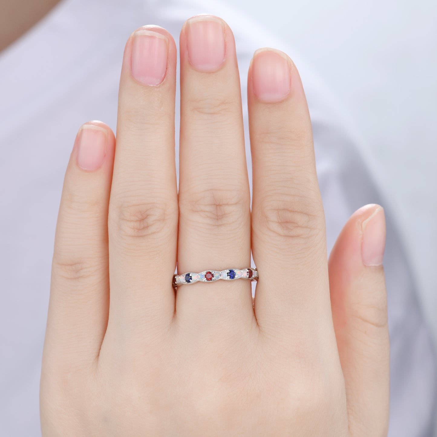 Opal Garnet Sapphire 14k White Gold Birthstone Wedding Band Full Eternity Ring