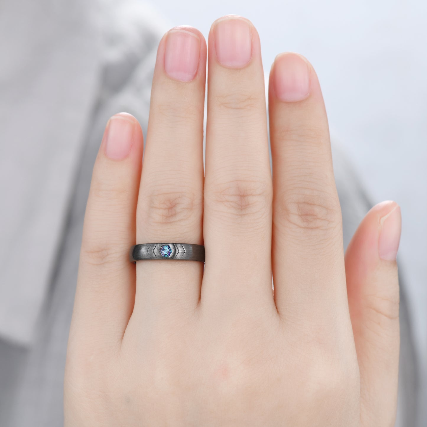 Black Gold 4mm wide Hexagon Cut Alexandrite Men's Wedding Band Matte Brushed