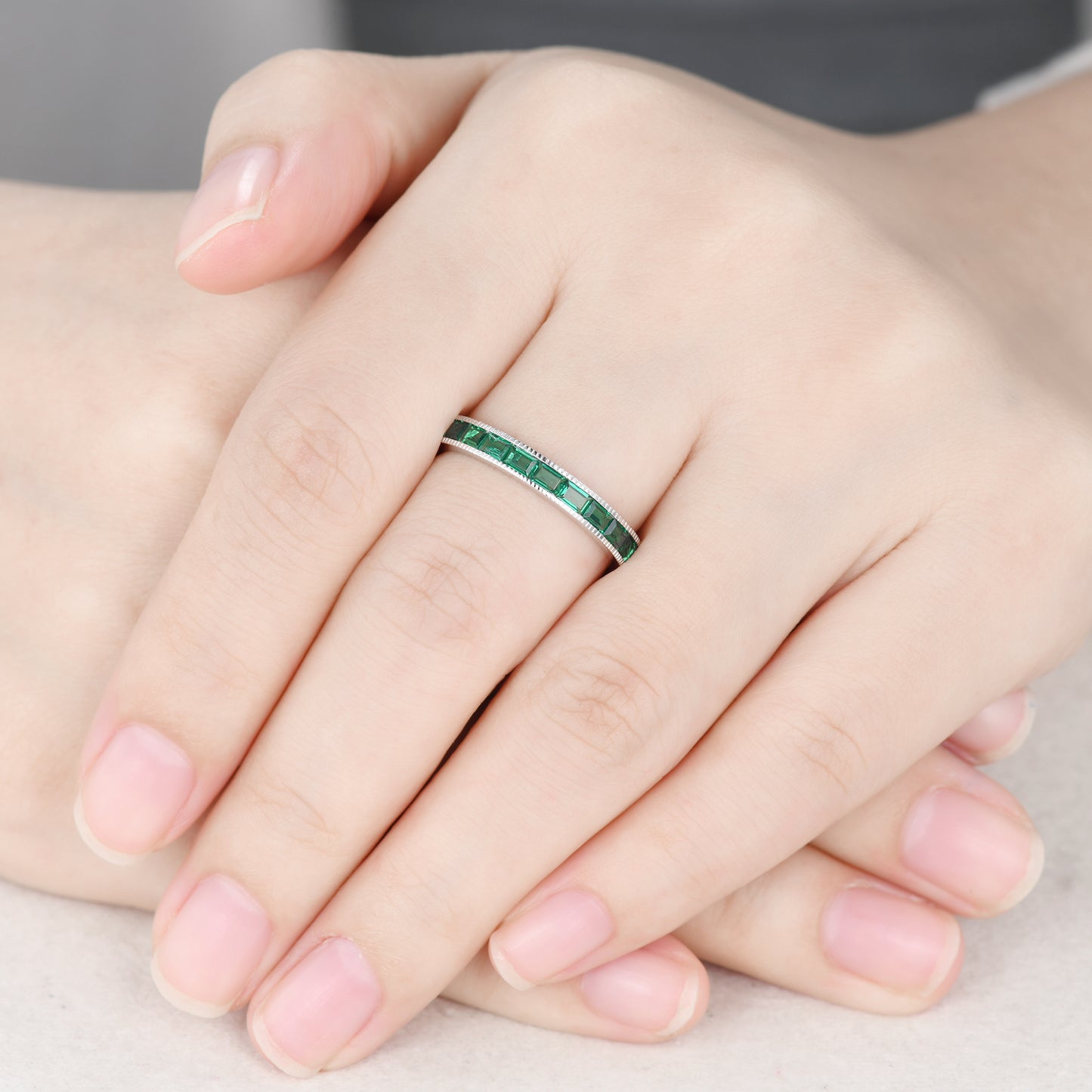 Milgrain Baguette Emerald Wedding Band Full Eternity Ring
