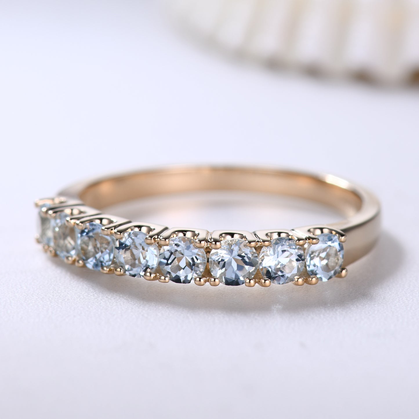 3mm Round Cut Blue Topaz Wedding Band 14K Yellow Gold Eternity Wedding Ring