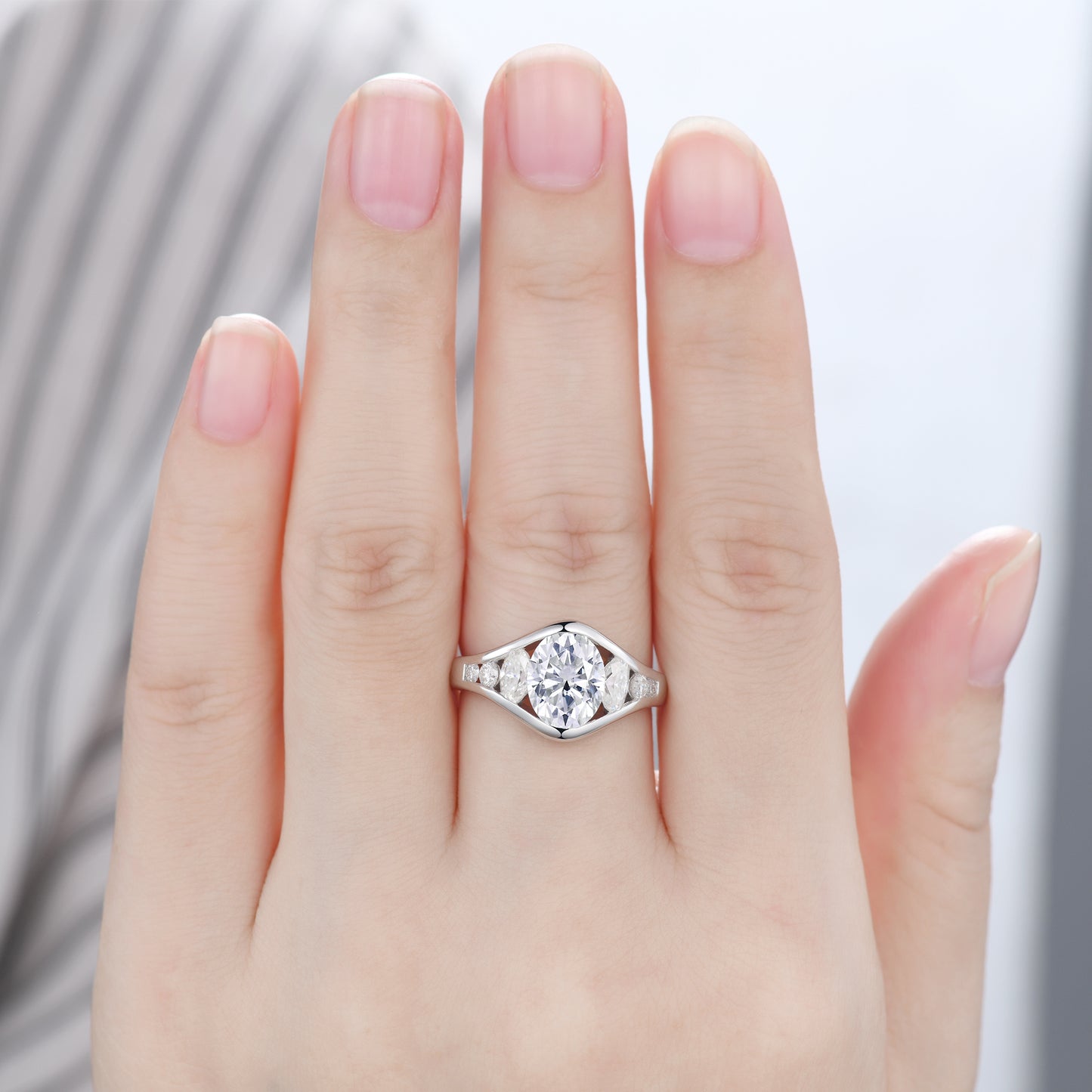 Big 2 Carat Oval Moissanite Full Channel Set Engagement Ring Semi Bezel Trilogy Ring