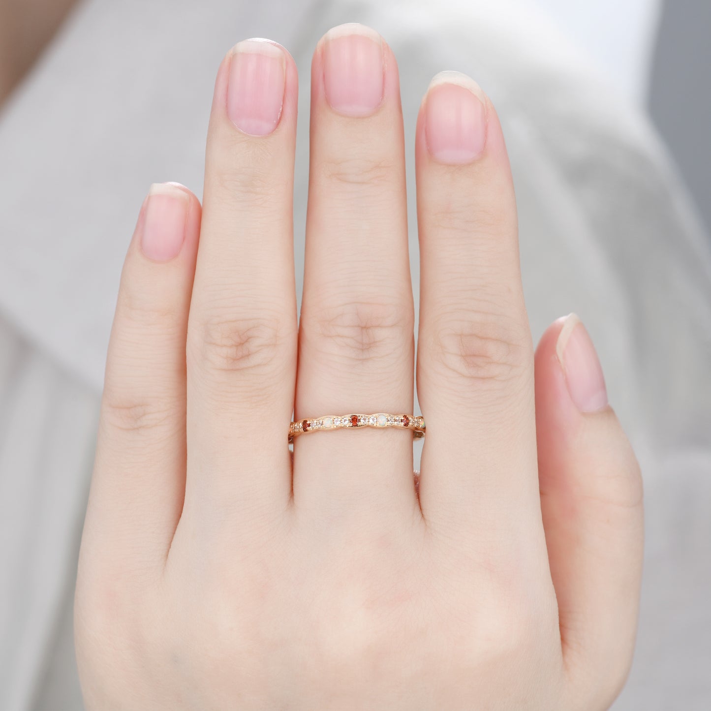 Opal Garnet Aquamarine 14k Yellow Gold Wedding Band Birthstone Full Eternity Ring