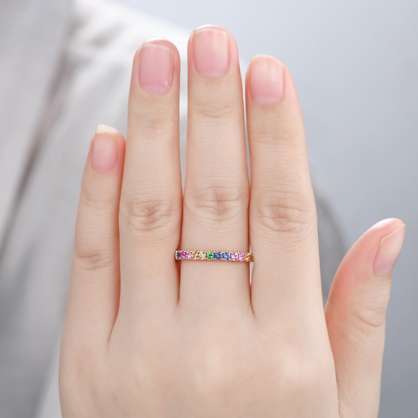 2mm Rainbow Sapphire Wedding Band 14k Rose Gold Half Eternity Women Band