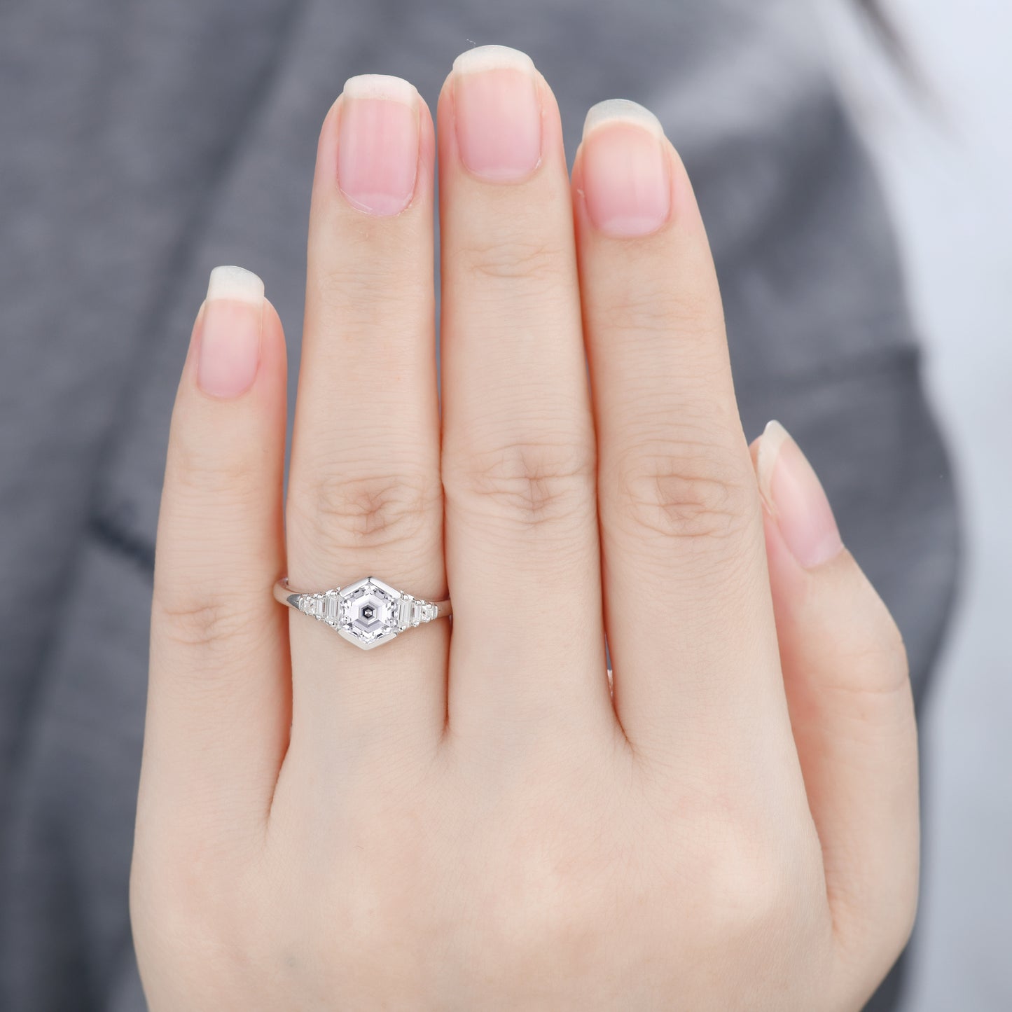 Unique Bezel Hexagon Moissanite Engagement Ring Vintage inspired 14k White Gold