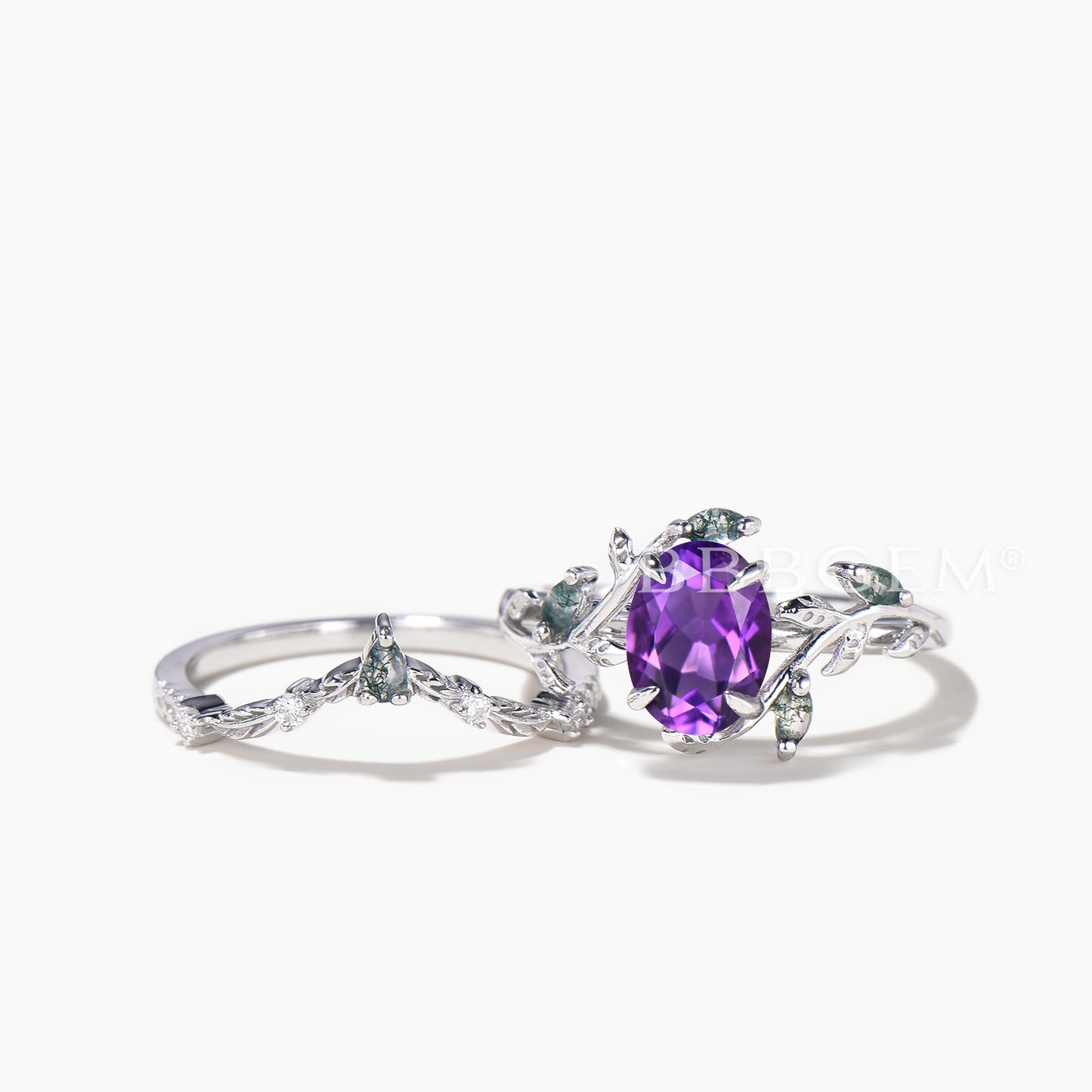 1.5CT Oval Cut Natural Amethyst Engagement Ring Moss Agate Leaf Bridal Set