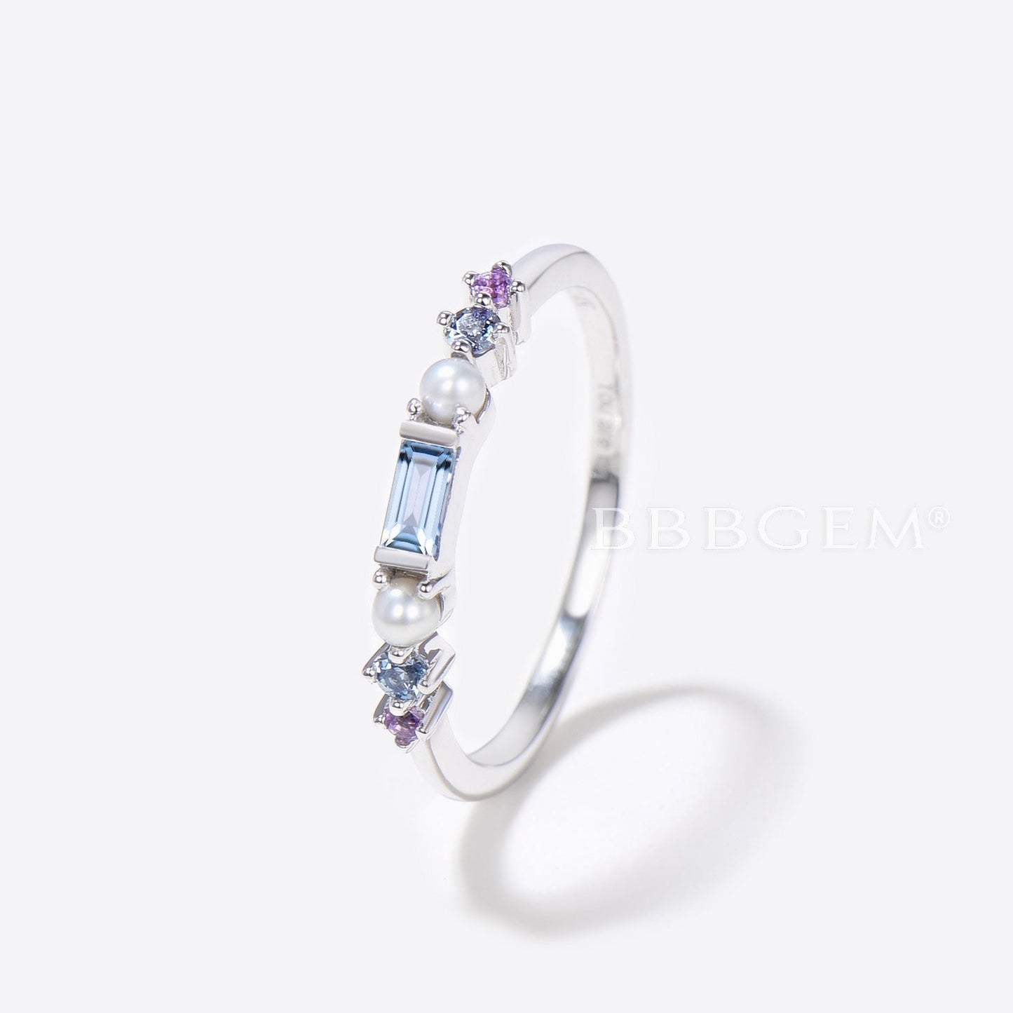 Multi-Color Gemstone Family Ring Band Aquamarine and Pearl Amethyst Birthstone Rainbow Band