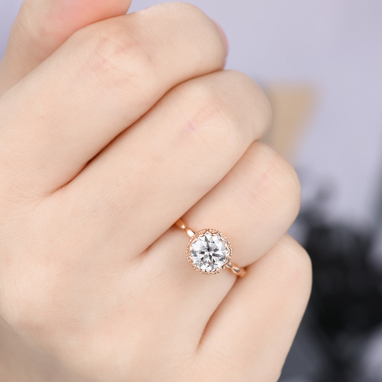 1.2 Carat 7mm Round Art Deco Moissanite Engagement Ring Round Cut Rose Gold (2)