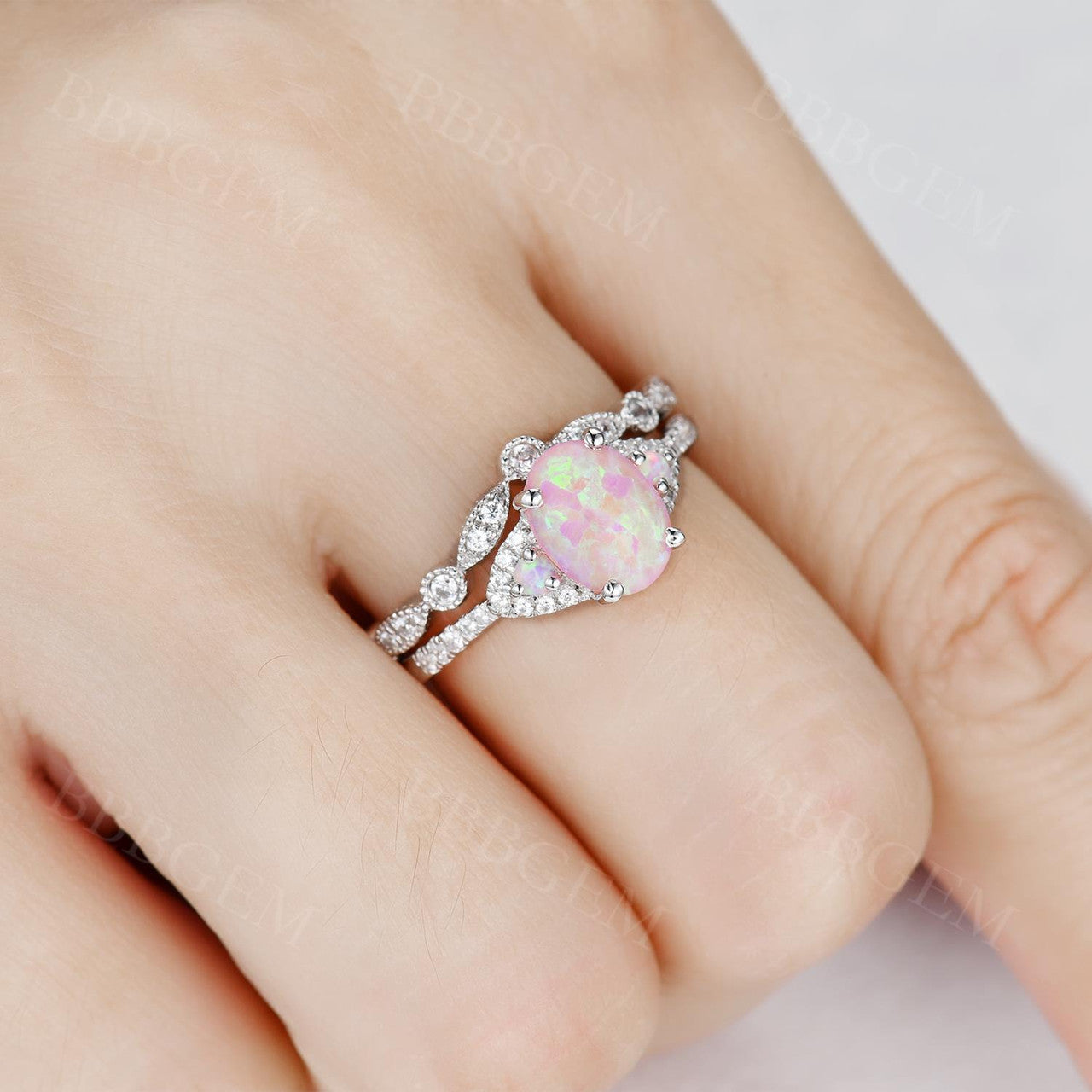 1.2 Carat Oval Pink Opal White Gold Engagement Ring Set Three Stone