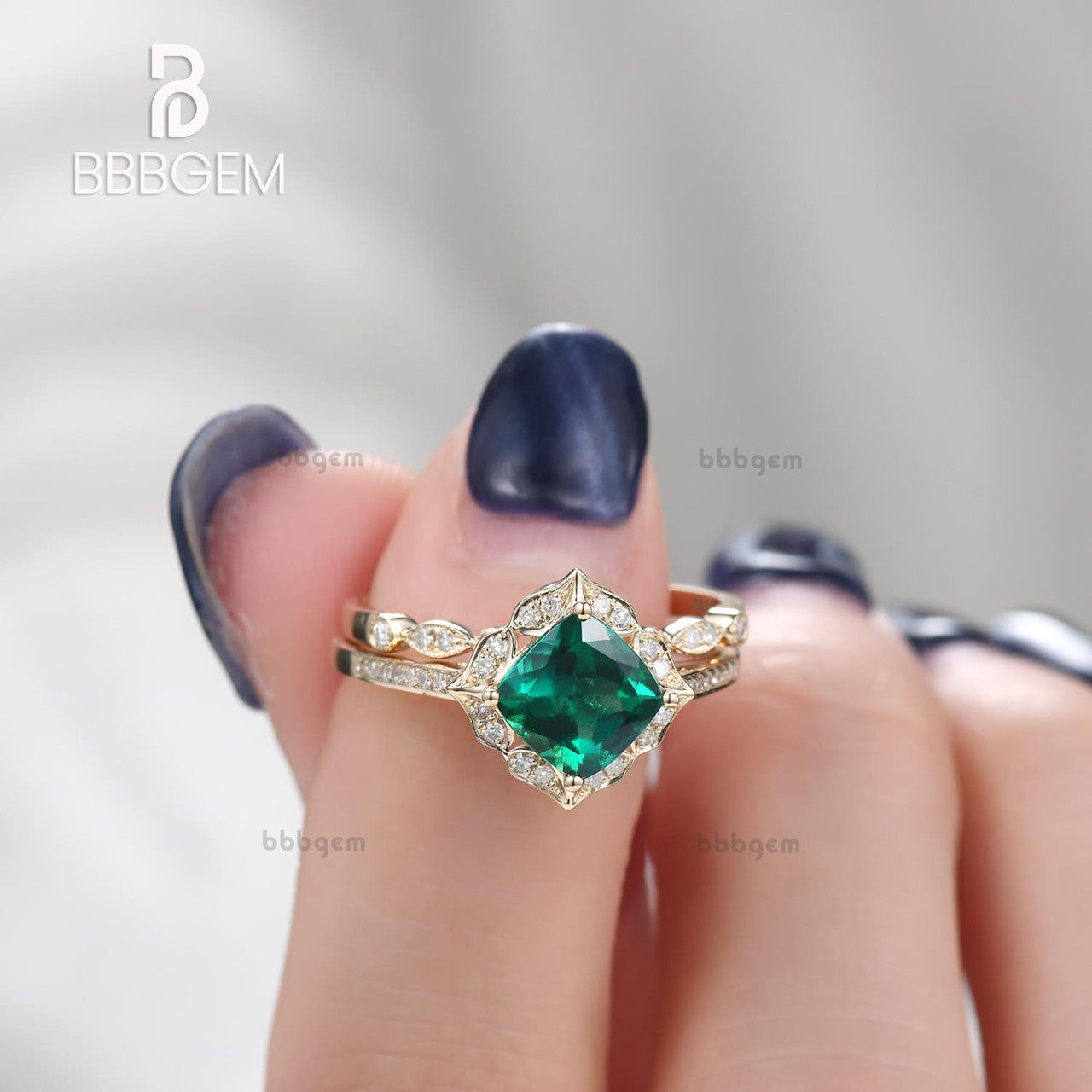 1.4 Carat Cushion Emerald Wedding Set Diamond Bridal Ring 14k Yellow Gold Retro Vintage Eternity Band