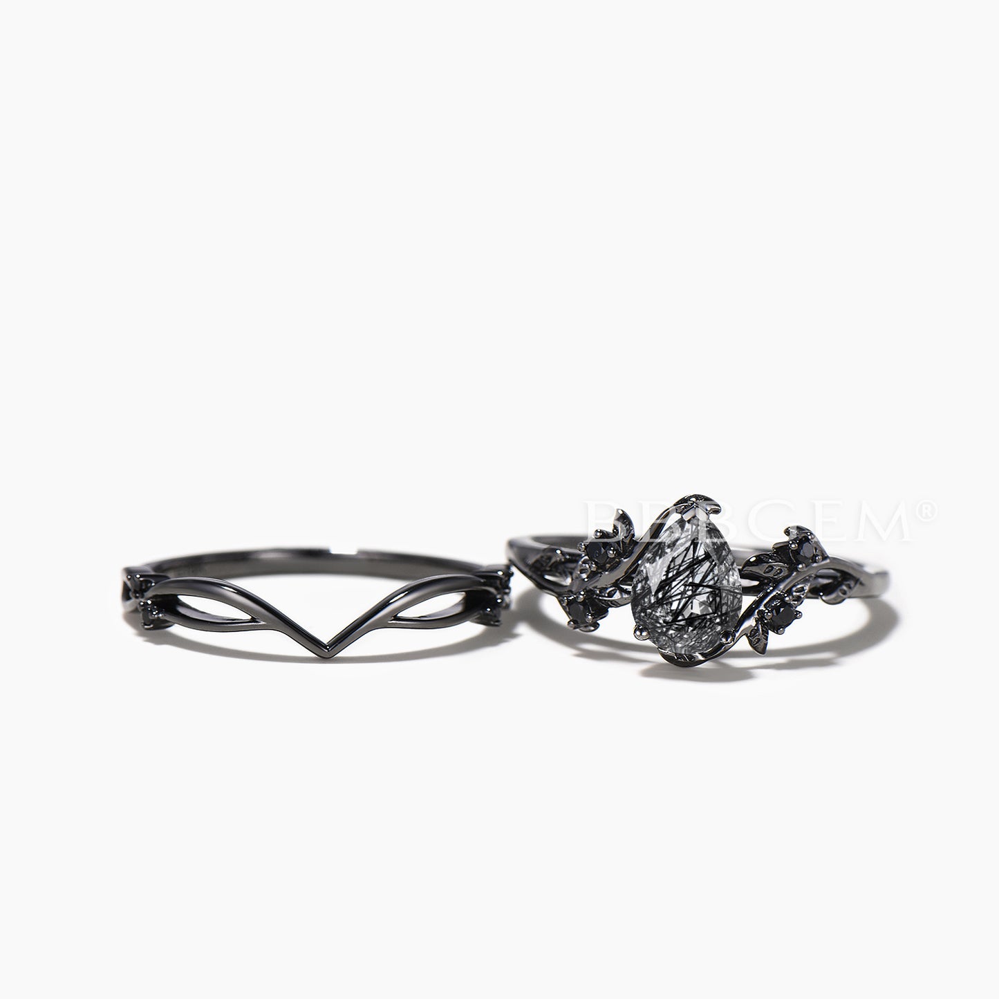 1.25ct Pear Cut Natural Black Rutilated Quartz Nature Inspired Black Gold Ring Women