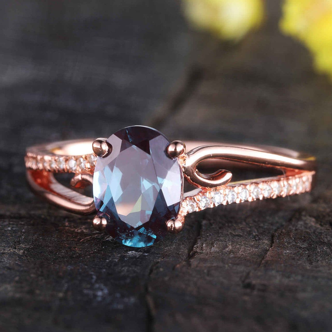 Alexandrite Engagement Ring,Split shank rose gold ring,diamond wedding band,unique engagement rings for women
