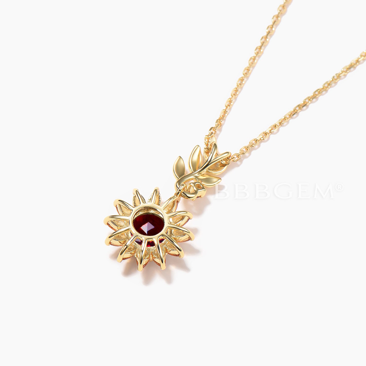 Round Cut Ruby Sunflower Necklace Citrine Halo Leaf Wedding Pendant