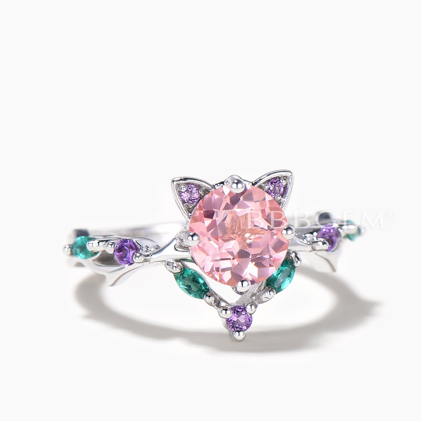 1ct Round Padparadscha Sapphire Ring Pink Sapphire Cat Design Multi-Stone Ring