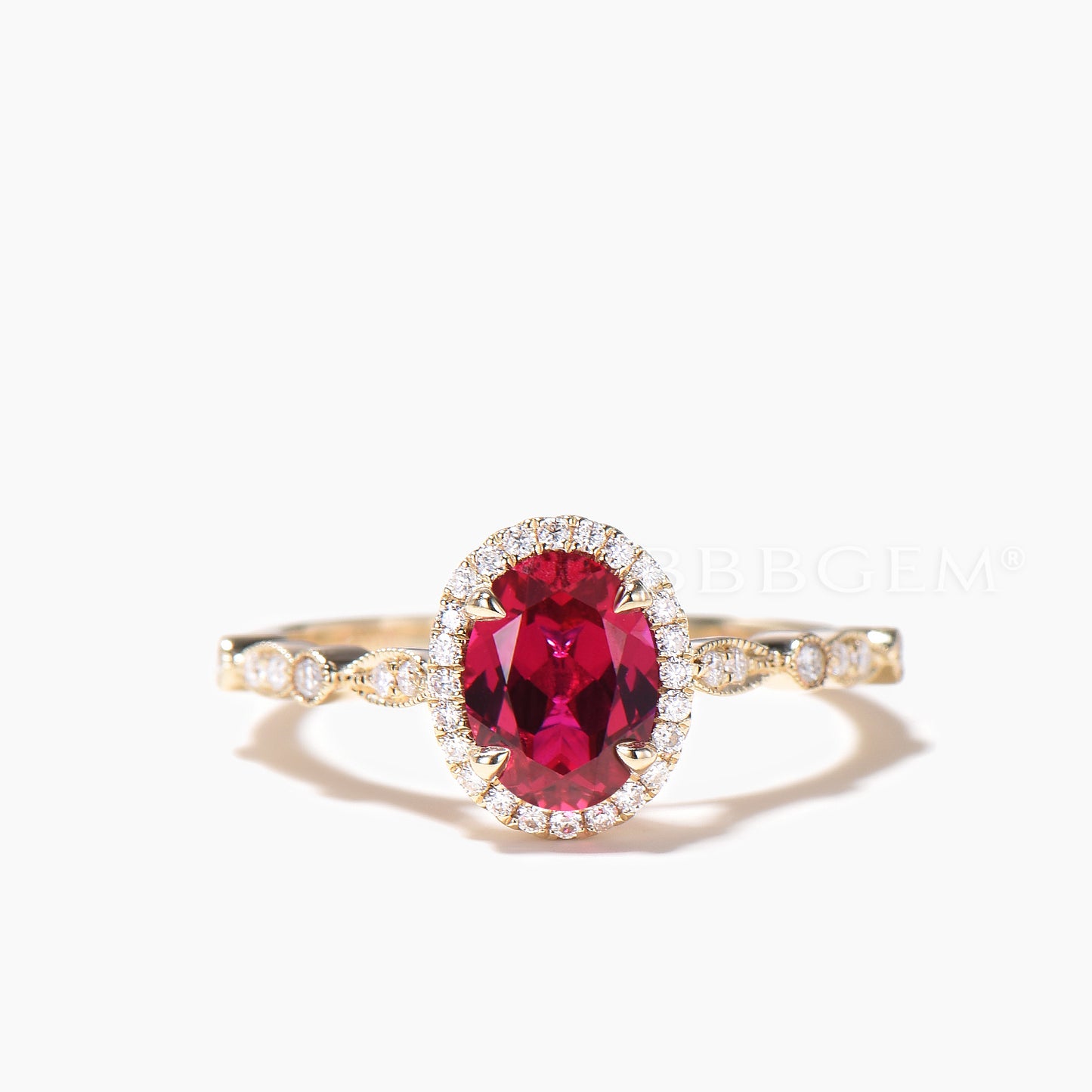 Diamond Halo Bridal Set 1.5CT Oval Cut Ruby Engagement Ring Half Eternity Band