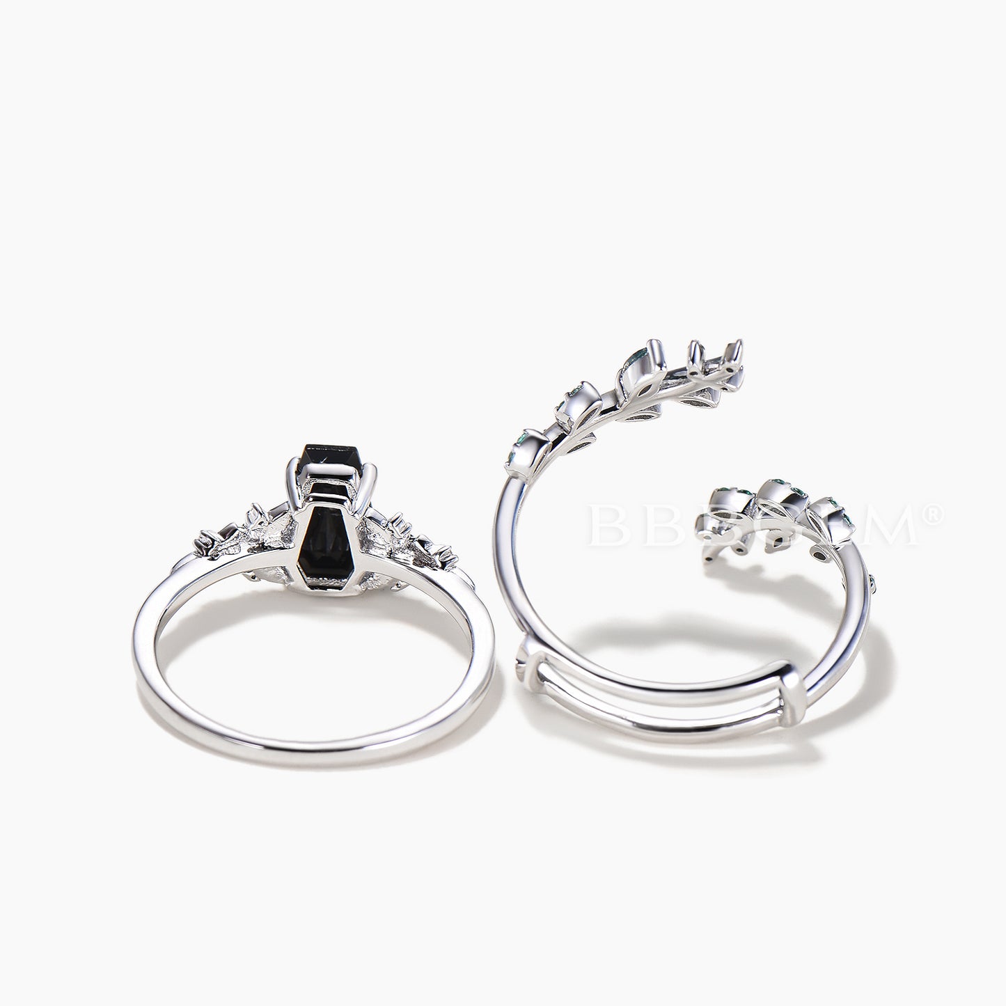 Nature Inspired Bridal Set Coffin Cut Black Onyx Flower Ring Moss Agate Twig Band