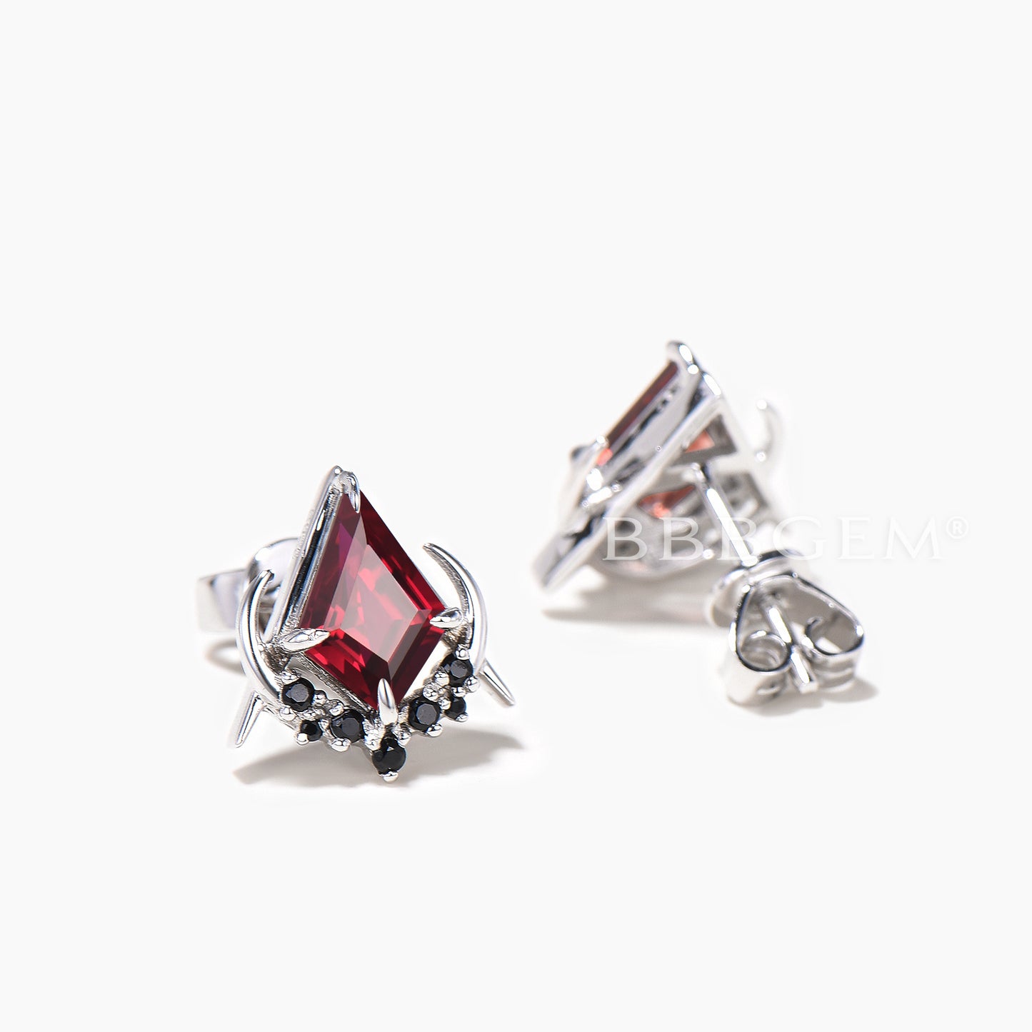 Kite Cut Natural Garnet Black Diamond Stud Earrings Moon Goithic Masonic Earrings