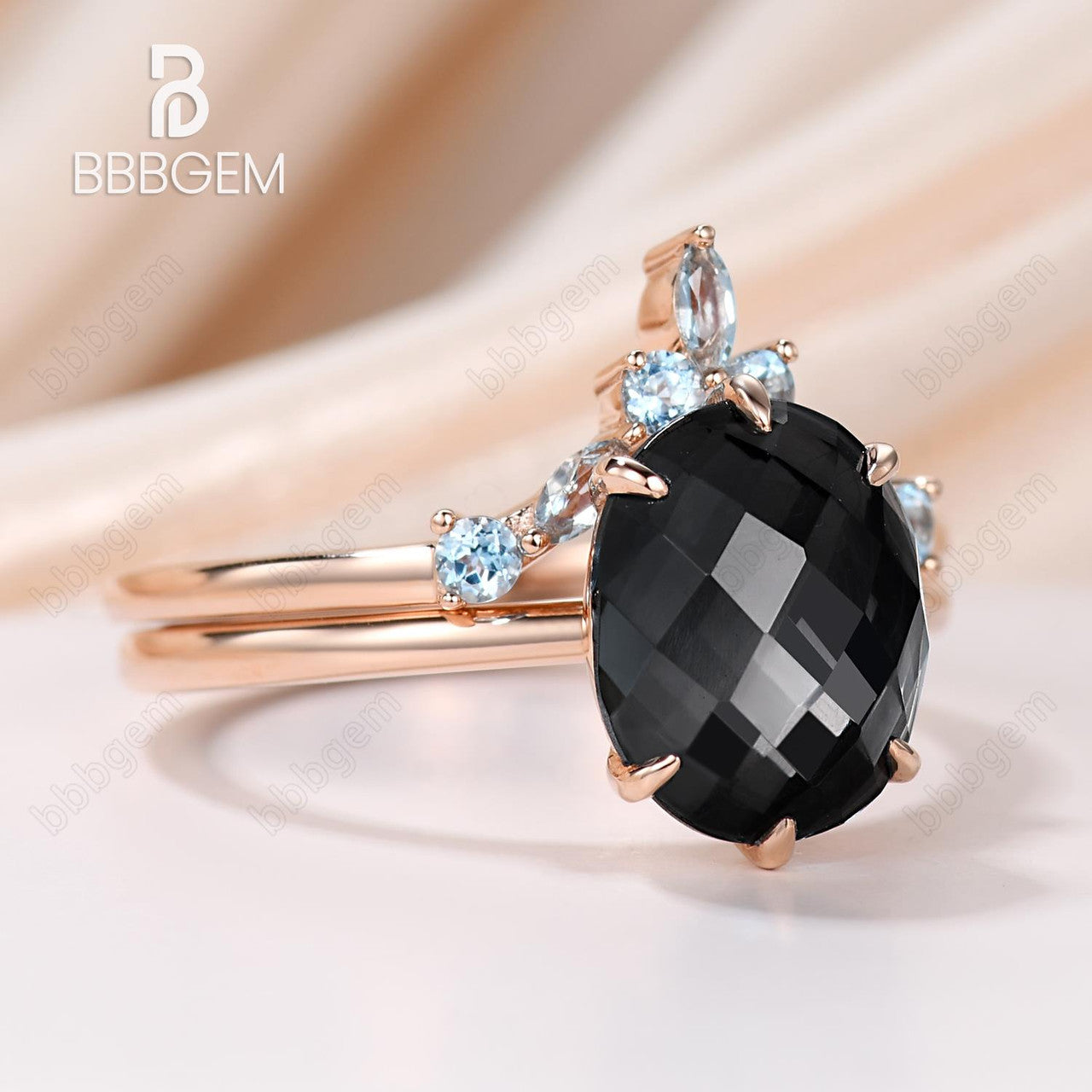 10x8mm Oval Cut Black Spinel Engagement Ring Set Rose Gold Curved Topaz Matching Band-Black Gemstone August Birthstone Ring Set