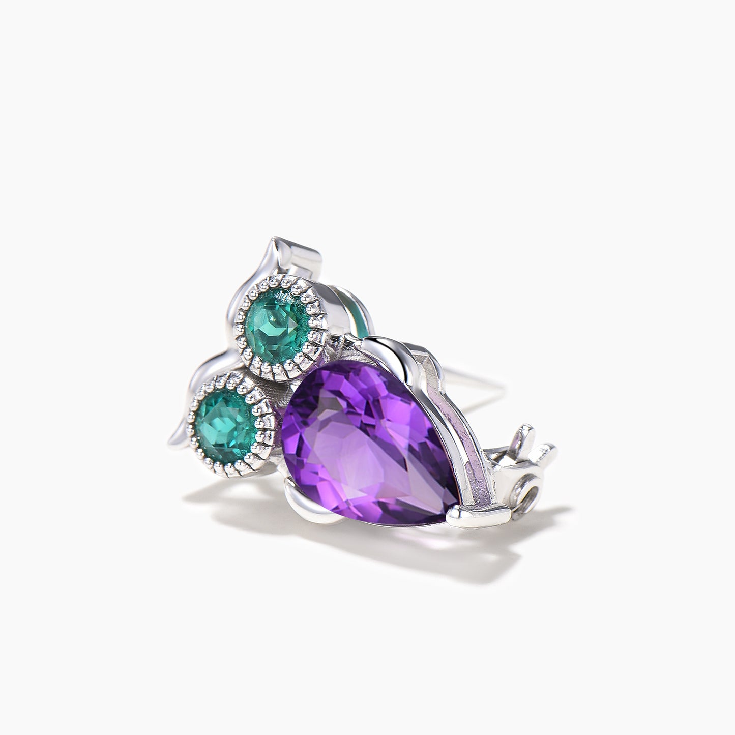 Teardrop Cut Natural Amethyst Round Emerald Owl White Gold Brooch