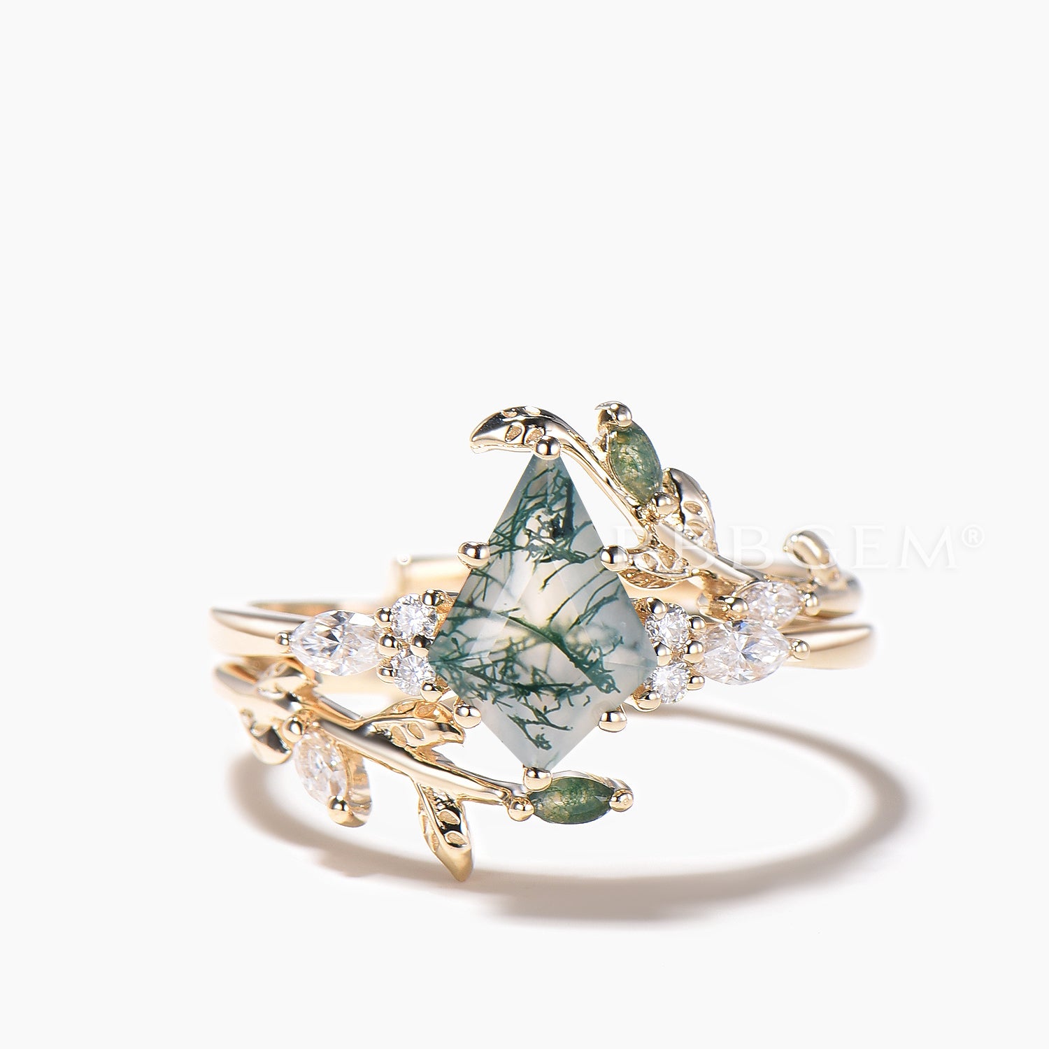 Twig Nature Inspired Ring Set Kite Cut Natural Moss Agate Leaf