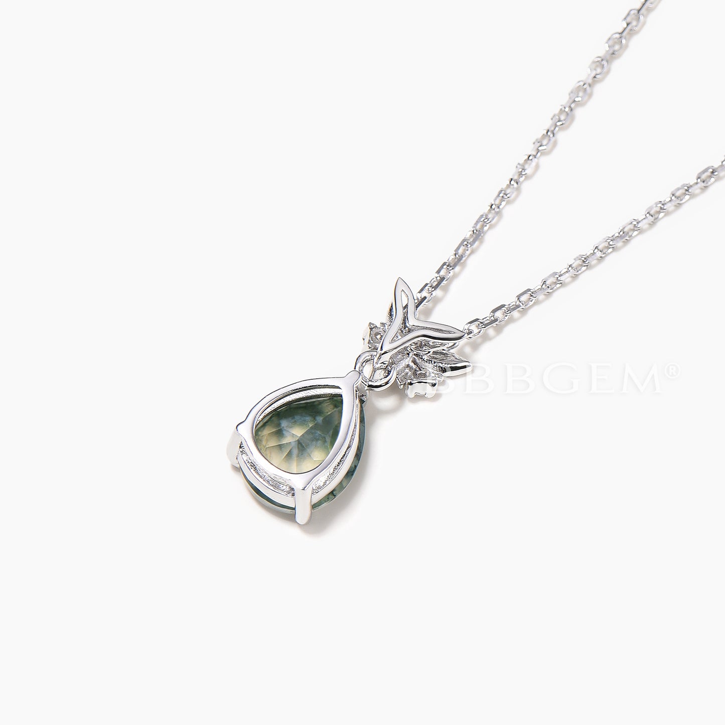 Pear Cut Natural Moss Agate Leaf Necklace Diamond Celtic Knot Three Stone Pendant