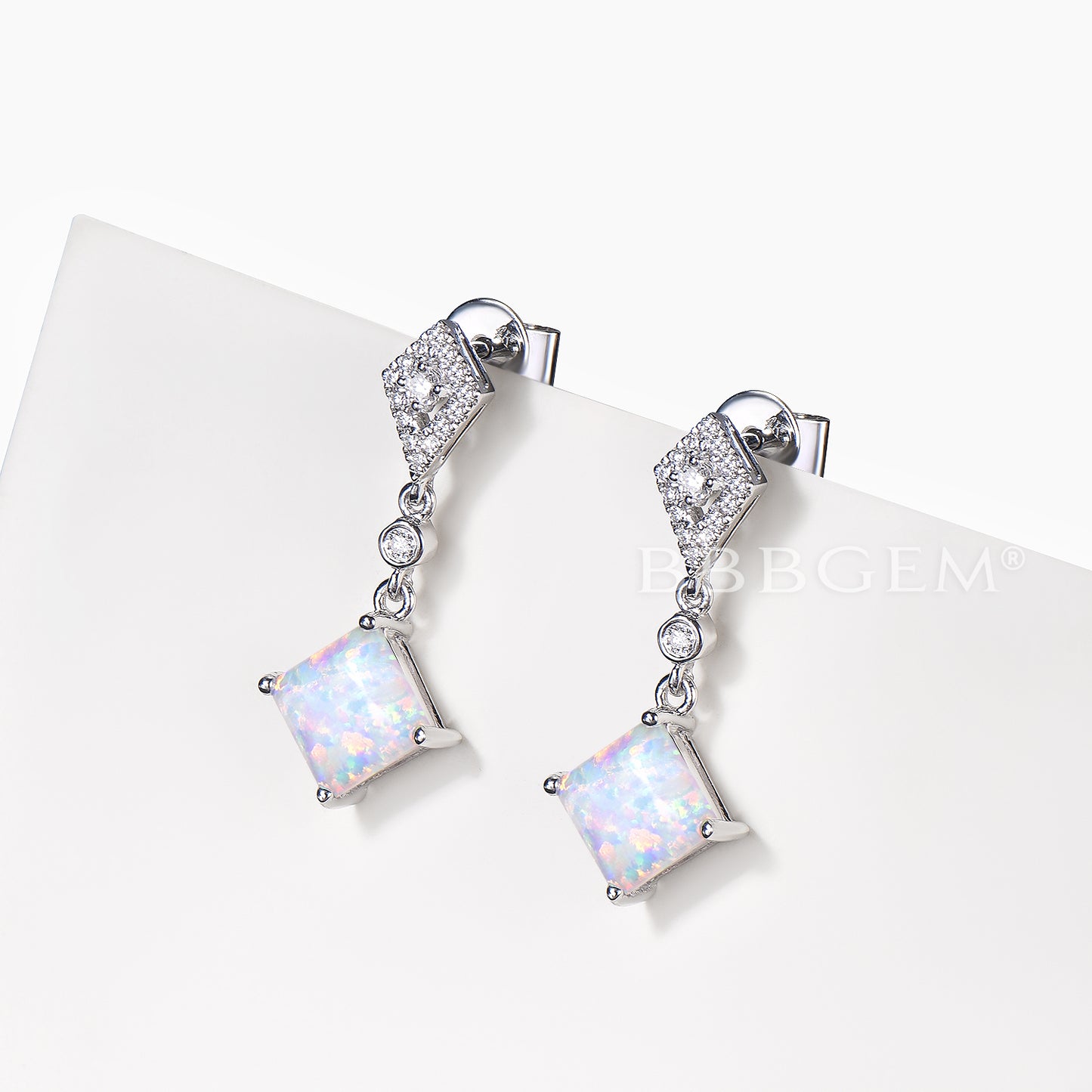 1.2CT Princess Cut White Opal Drop Earrings Round Diamond White Gold Earrings