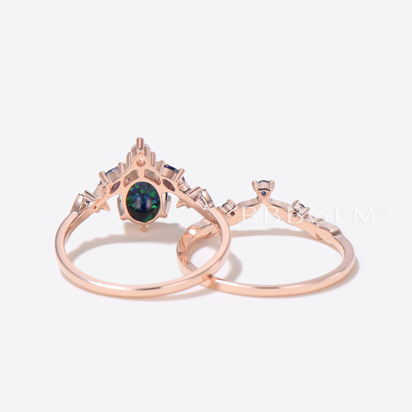 Oval Cut Black Opal Engagement Ring Leaf Nature Inspired Bridal Set