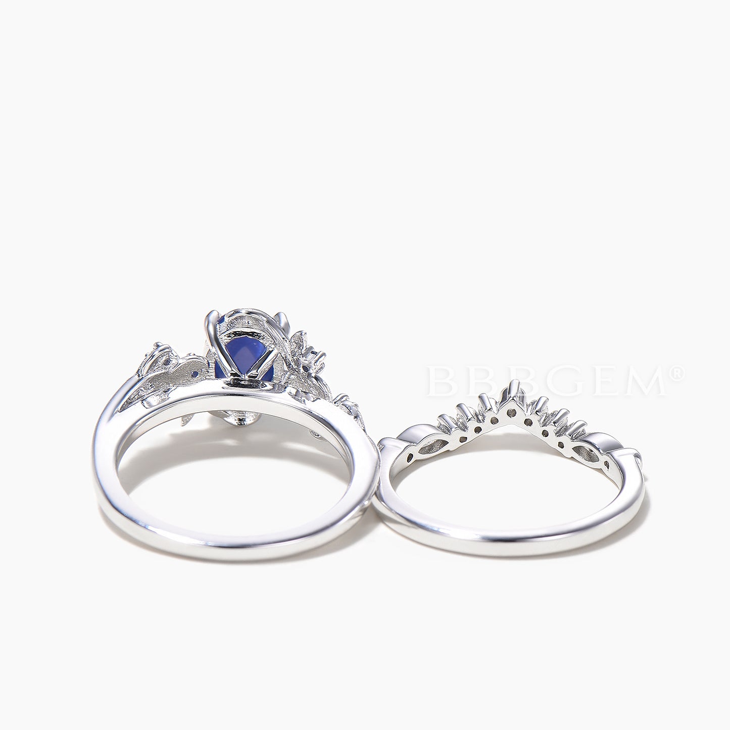 Oval Cut Star Blue Spphire Wedding Ring Diamond Curved Nature Inspired Ring Set