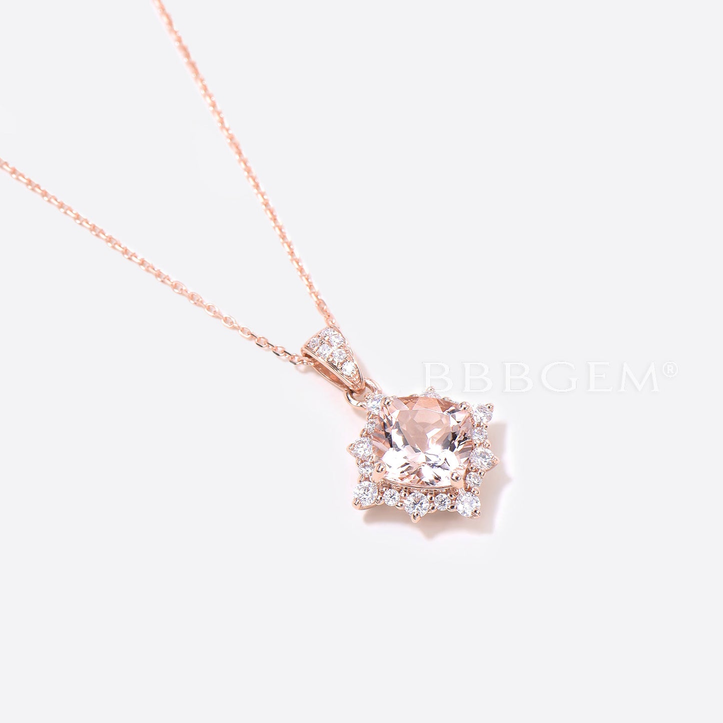 Cushion Cut Natural Morganite Pendant 14K Rose Gold Halo Diamond Necklace