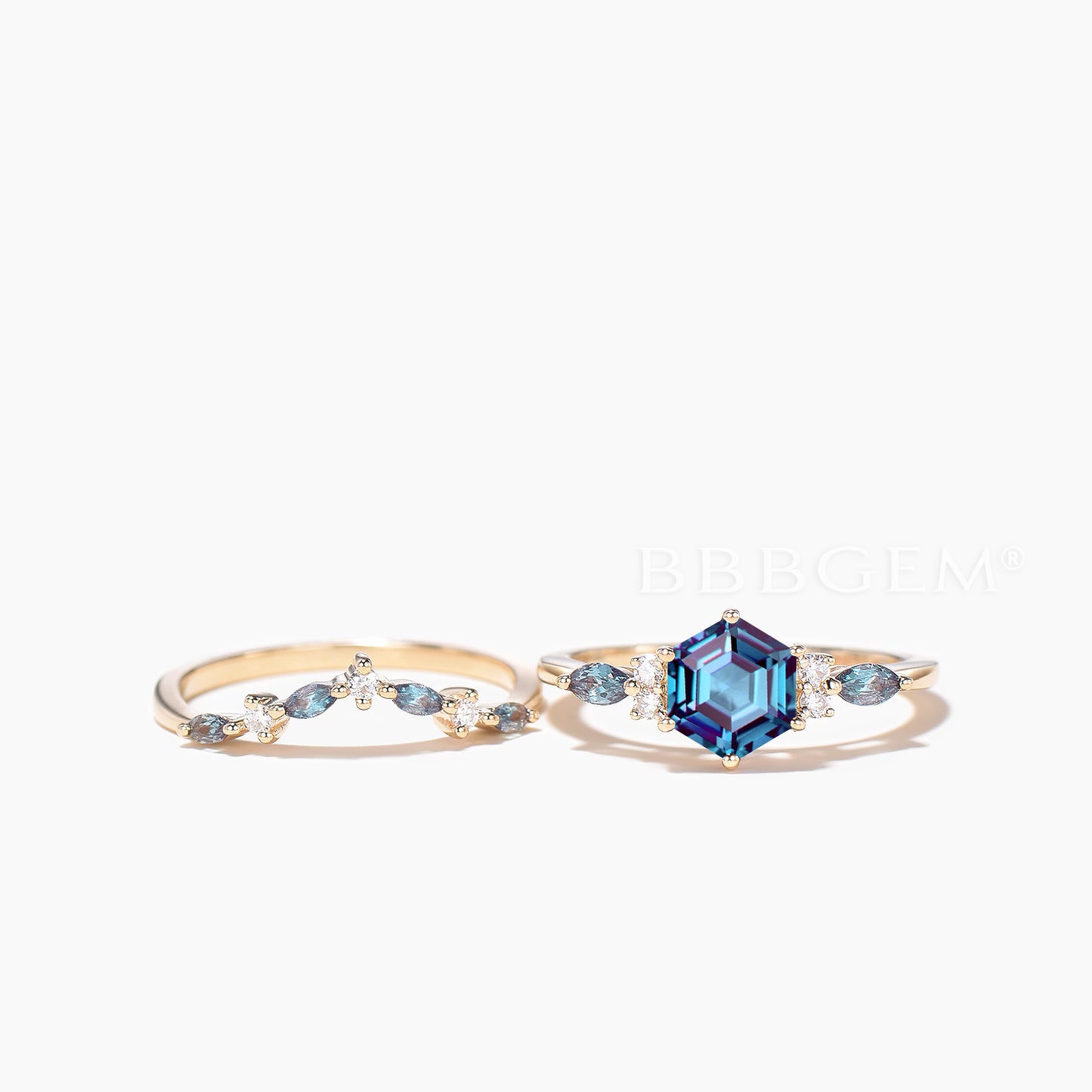 Hexagon Color-change Alexandrite Engagement Ring Diamond Cluster Bridal Set