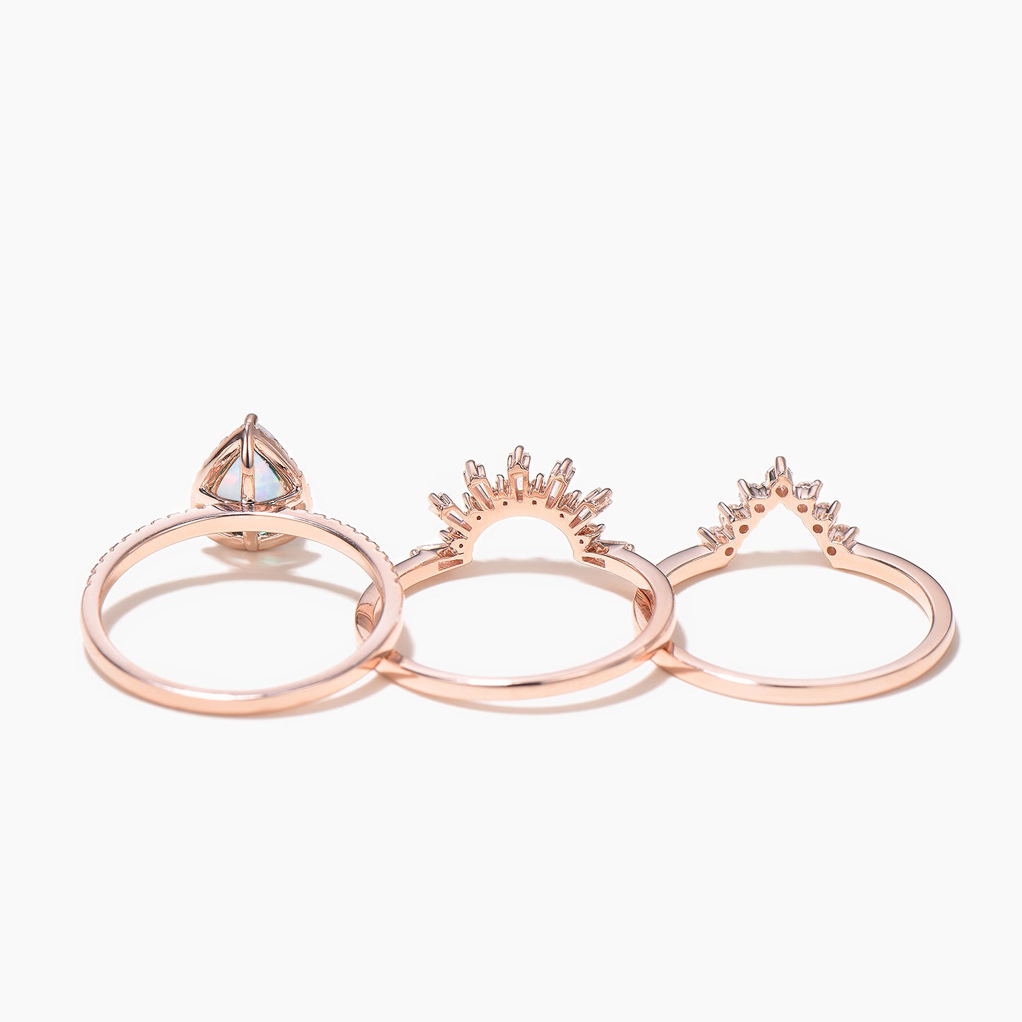 3pcs Pear Cut White Opal Wedding Bridal Set Moissanite Halo Engagement Ring