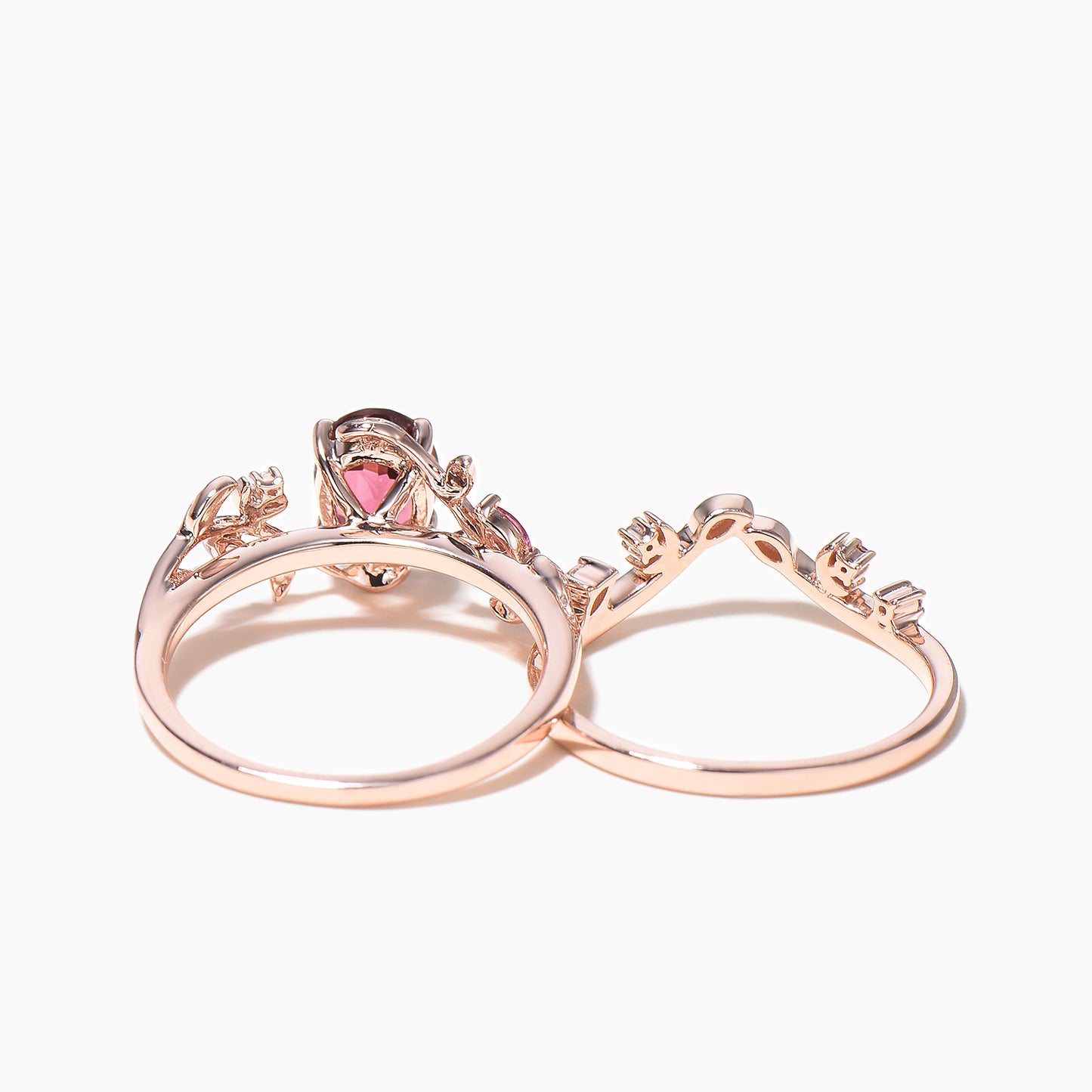 Nature Inspireed Oval Cut Natural Pink Tourmaline Diamond Wedding Ring Leaf Moon Bridal Set