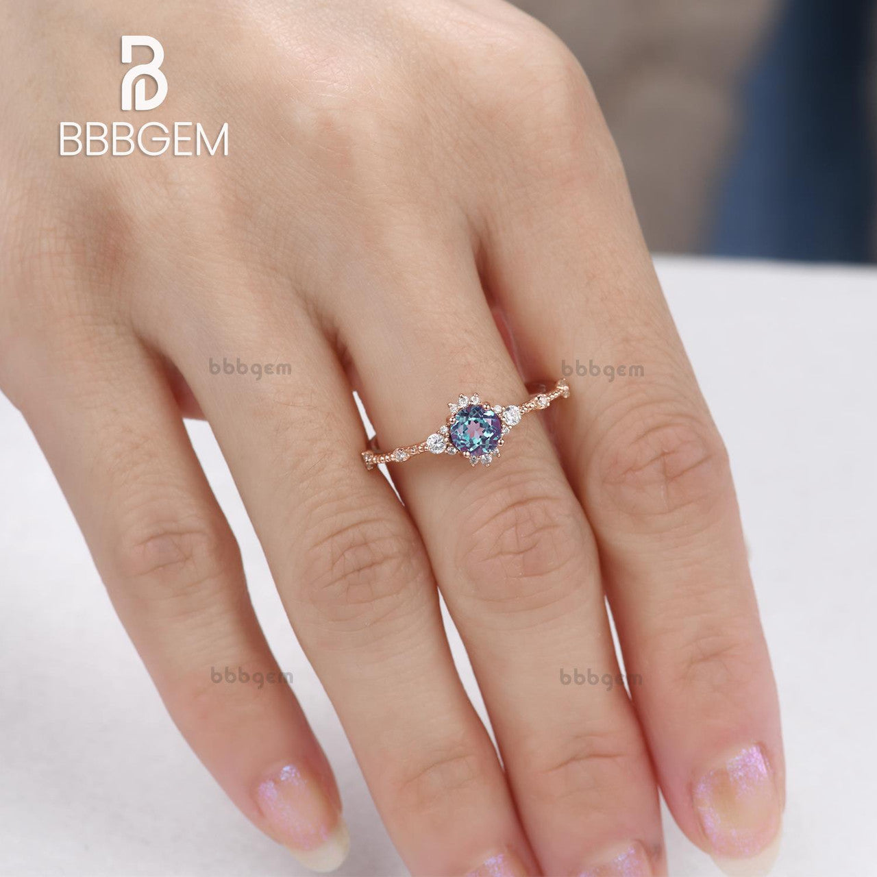 1/2 Carat Round Alexandrite And Diamond Ring Minimalist 14K/18K