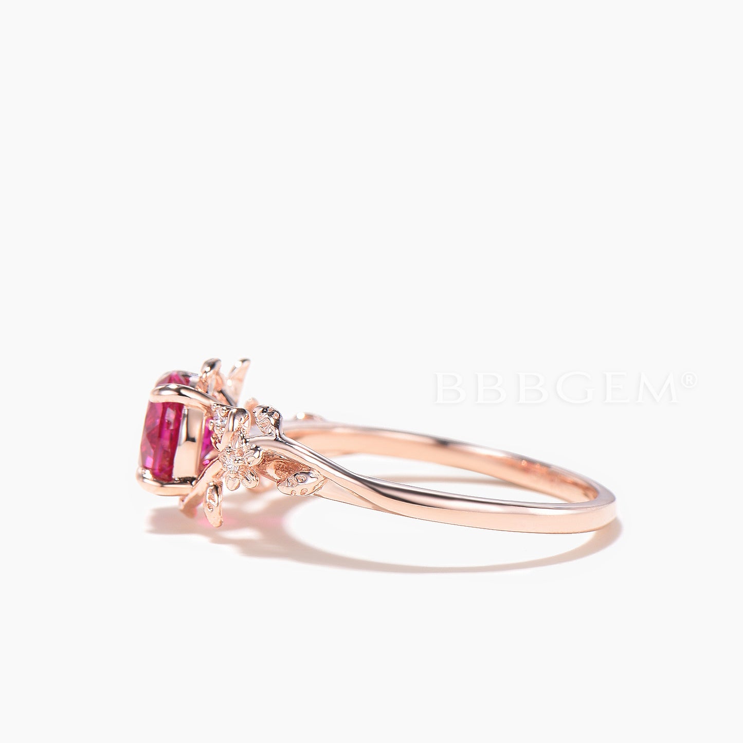Round Cut Ruby Flower Engagement Ring Diamond Leaf Nature Inspired Ring