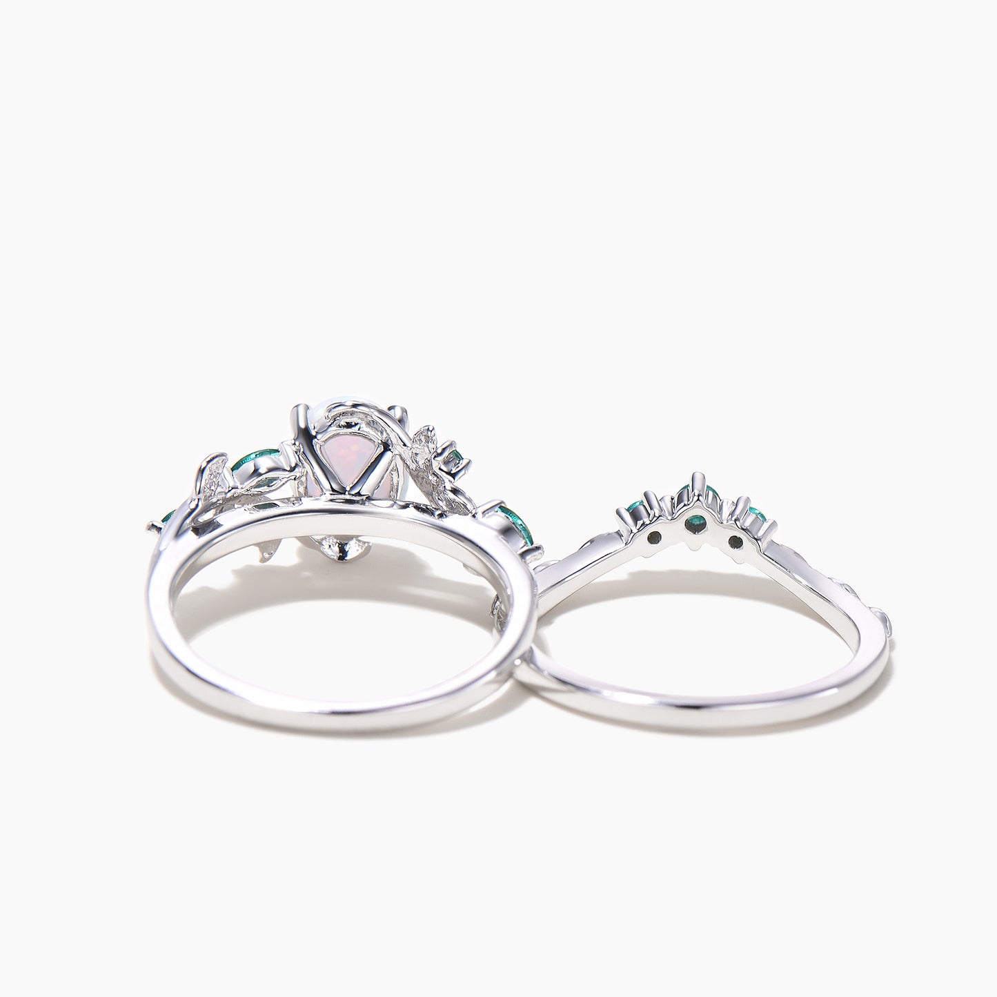 1.5CT Oval White Opal Leaf Engagement Ring Emerald Nature Inspired Bridal Set