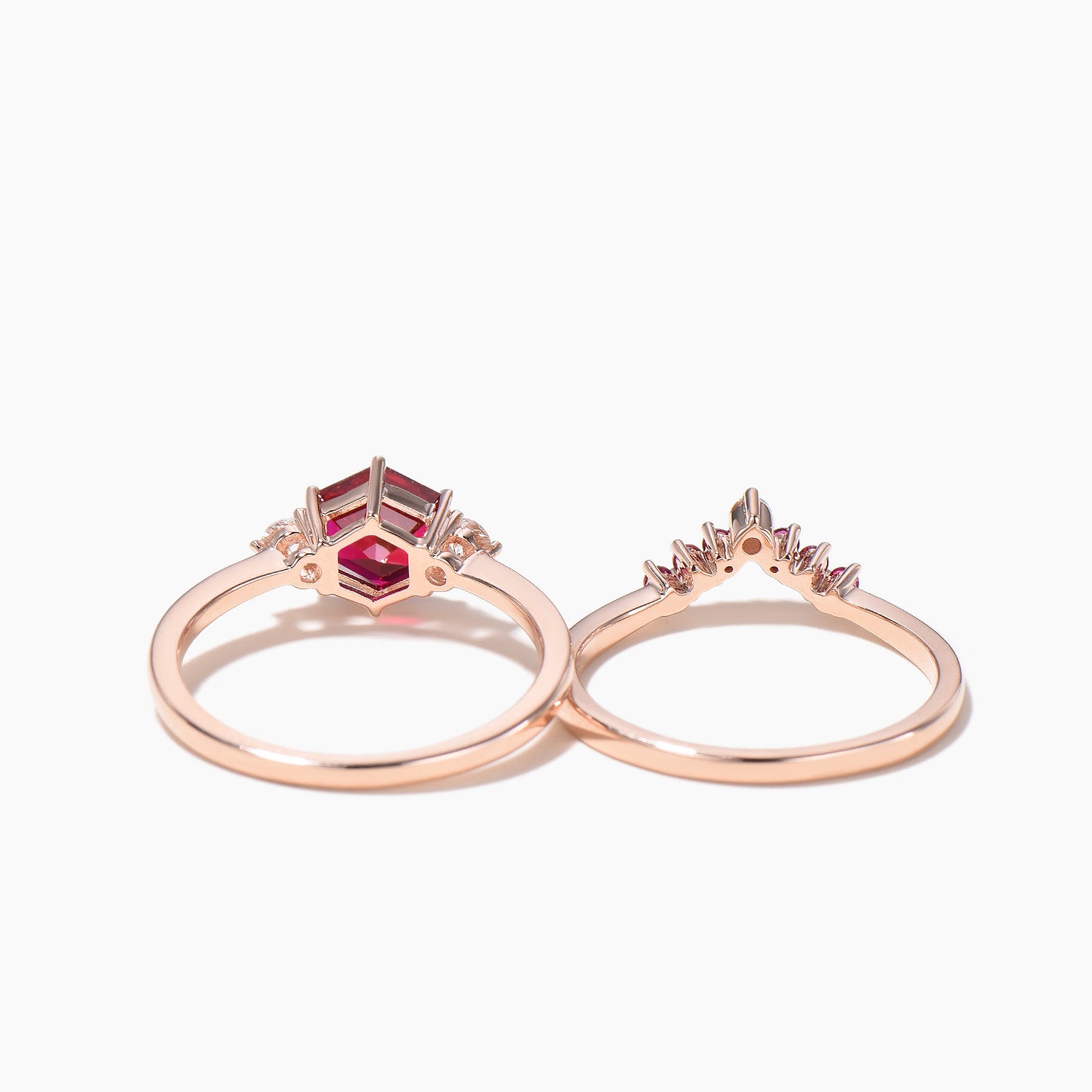 Hexagon Cut Red Ruby Three Stone Engagement Ring Moissanite Bridal Set