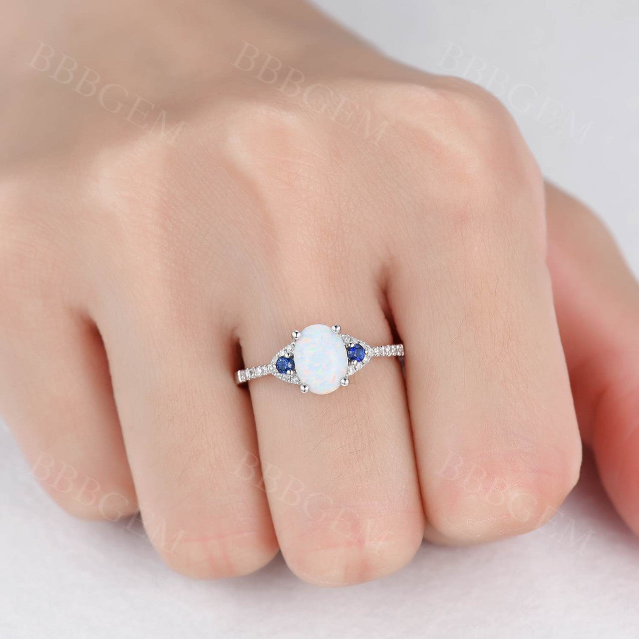 14K/18K Art Deco Three Stone Opal And Sapphire Engagement Ring White Gold