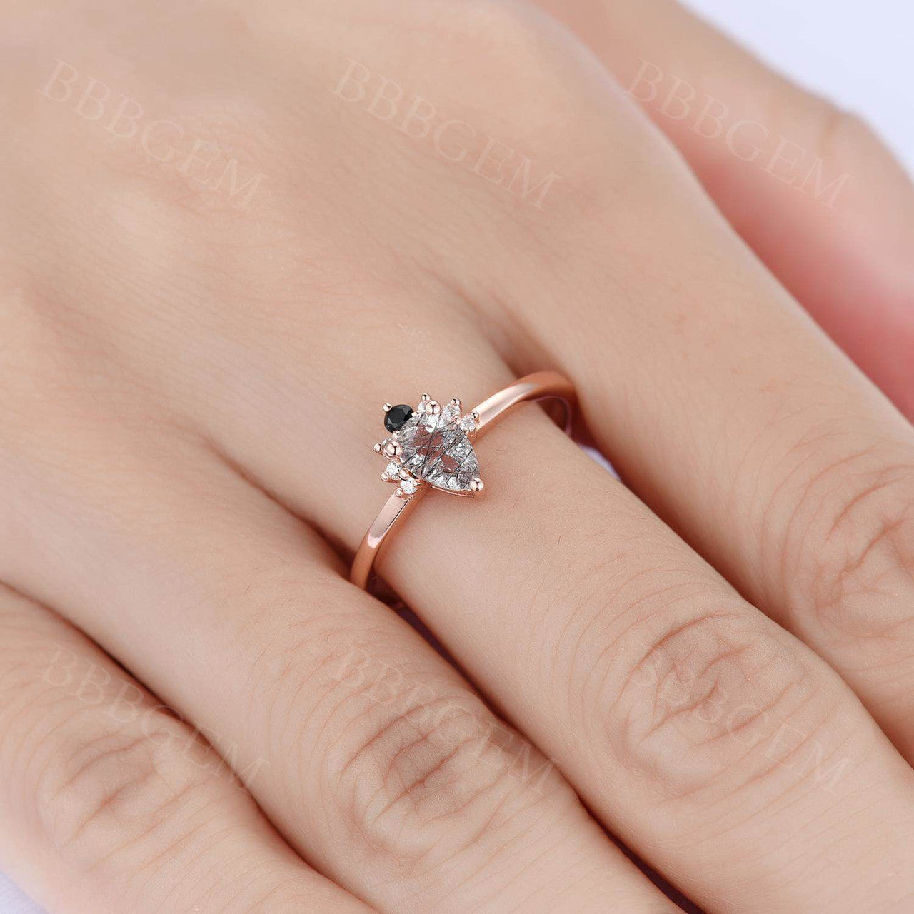Women Pear Black Rutilated Quartz Ring Rose Gold