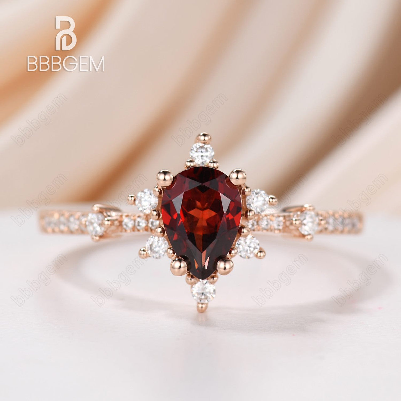 vintage garnet birthstone ring set--pear garnet diamond retro wedding ring set-bbbgem garnet art deco rose gold ring