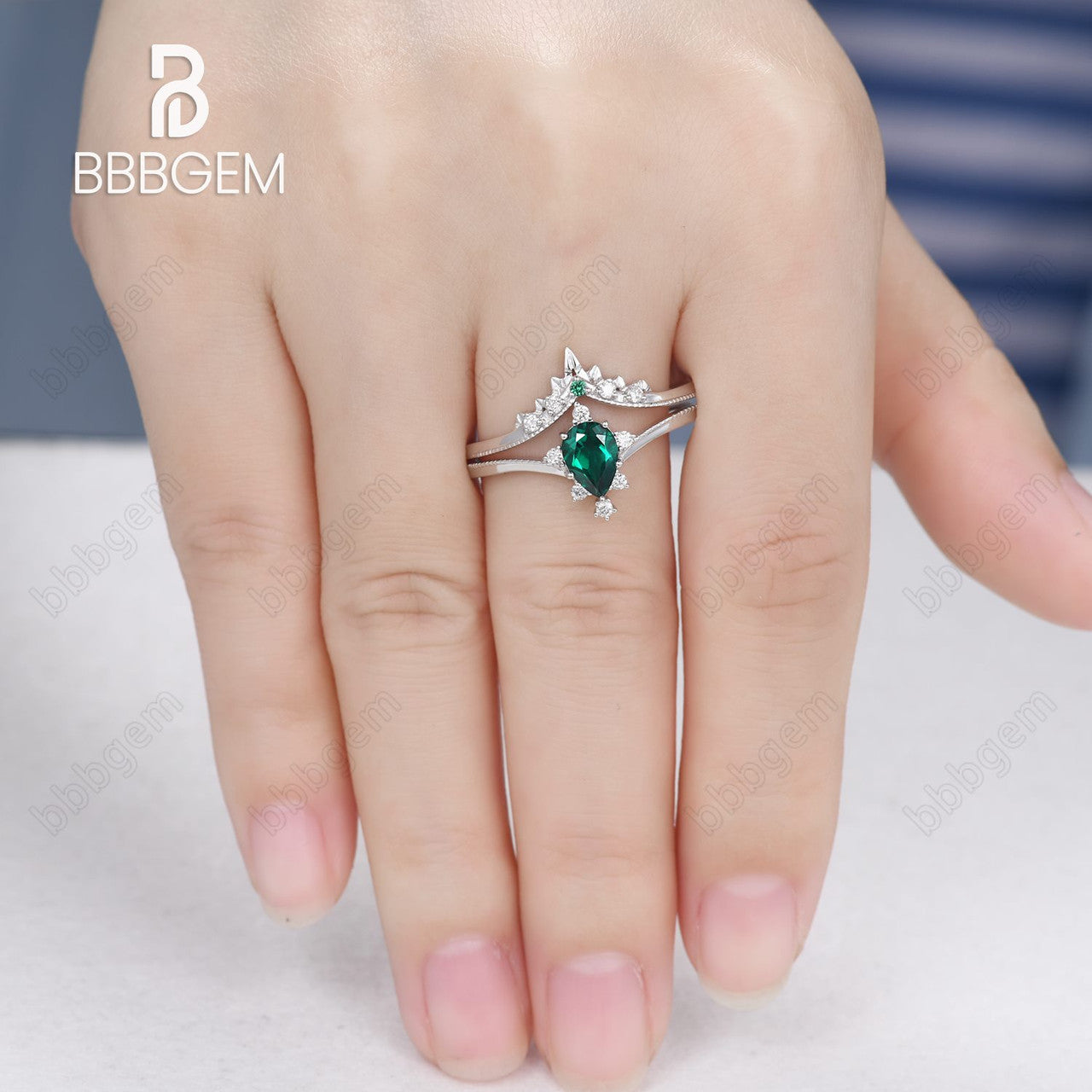 14K18K Rose Gold Green Emerald Art Deco Bridal Set Diamond And Emerald