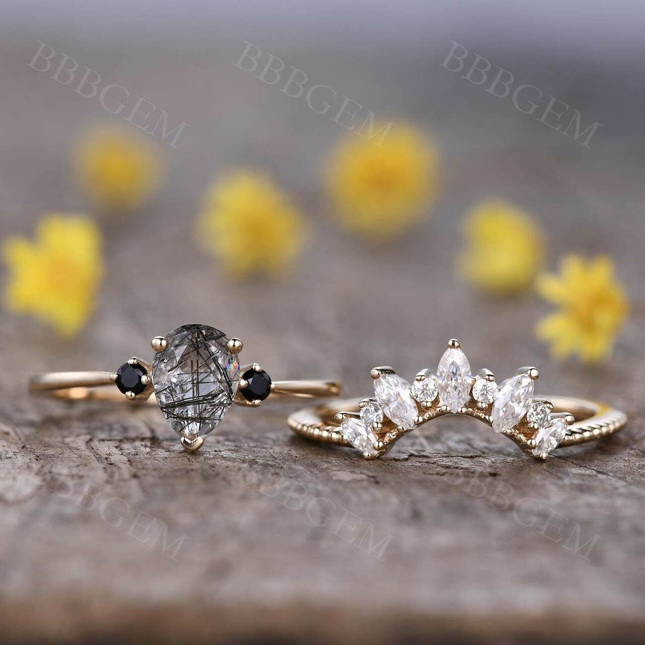 yellow gold black rutilated quartz ring