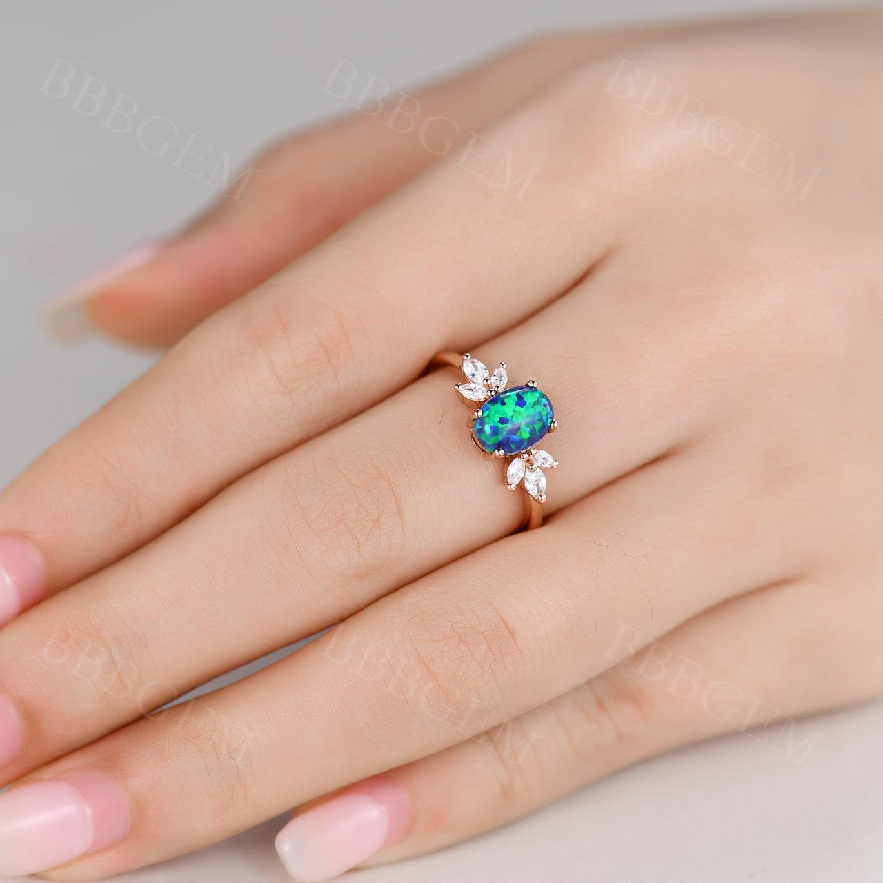 1.5 Carat Oval Black Opal Engagement Ring Marquise Moissanite Art Deco Band Promise Ring