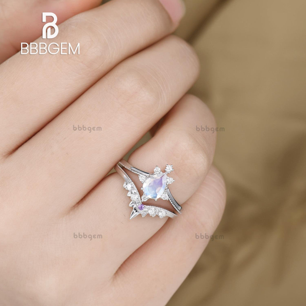 14K/18K White Gold Rainbow Moonstone Art Deco Bridal Set Diamond And Amethyst