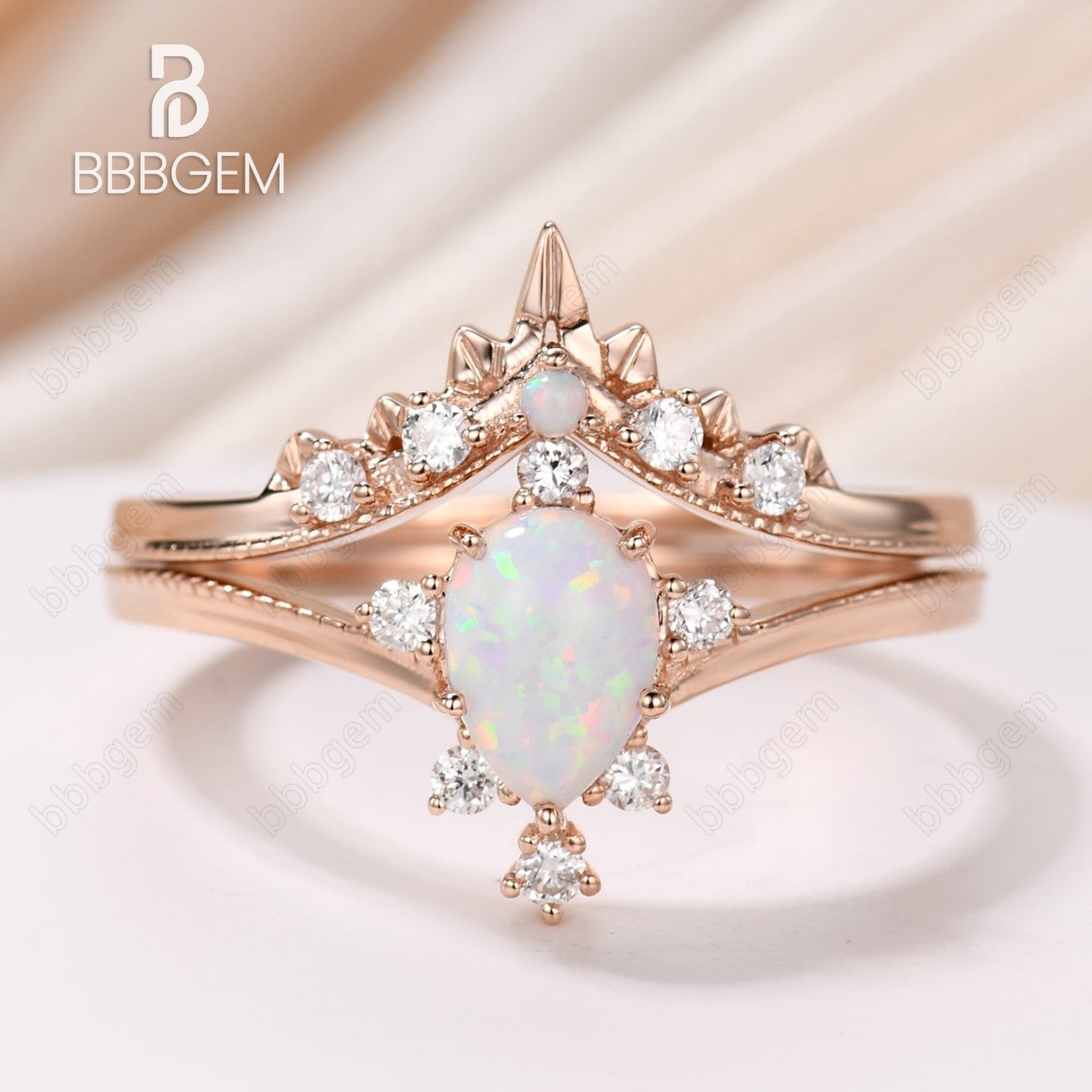 14K 18K Rose Gold Vintage Pear Shaped Opal Rose Gold Engagement Ring Bridal Set Milgrain