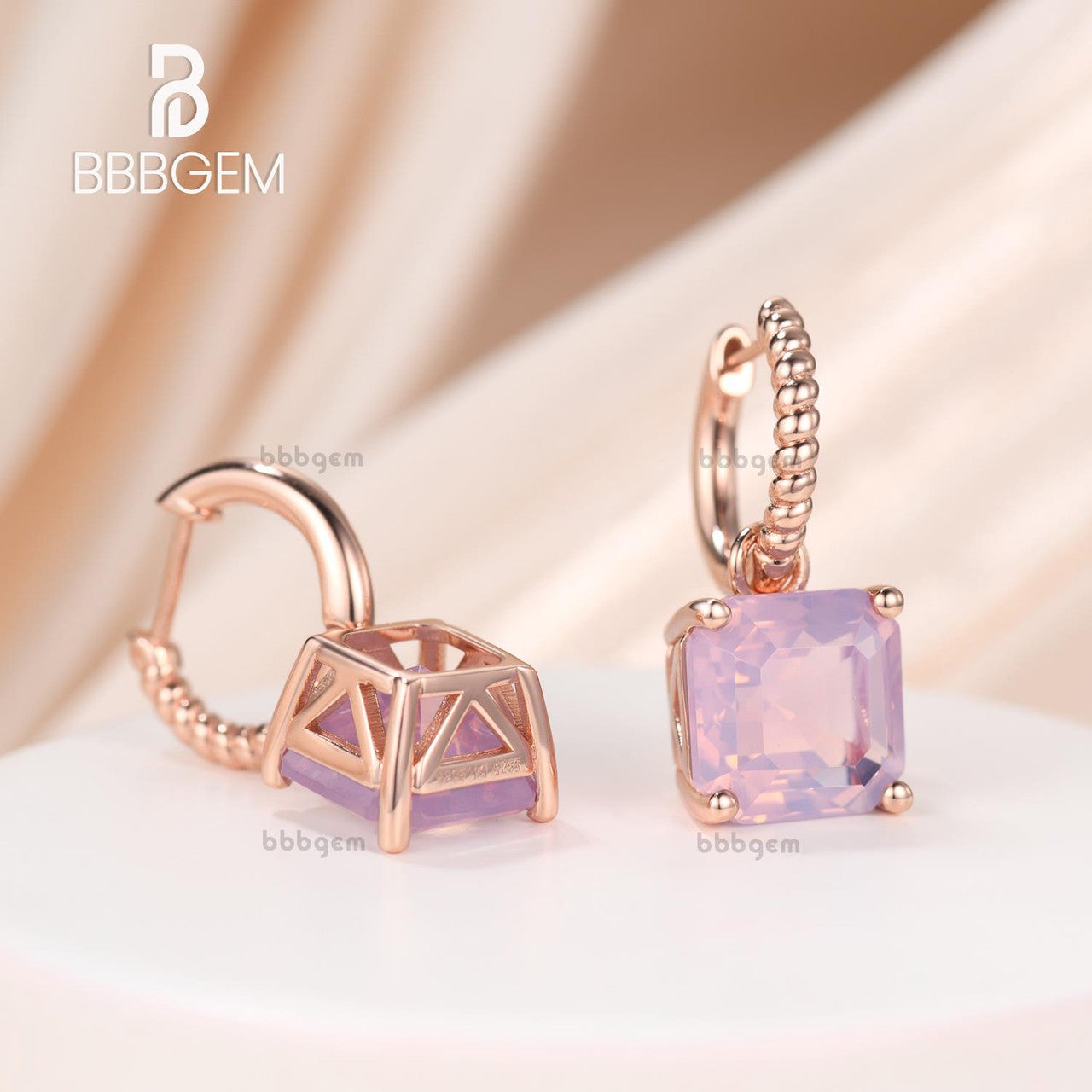 14K Rose Gold & 8mm Ascher Lavender Amethyst Prong Earrings-Ascher Lavender Amethyst Drop Huggie Earrings with Rope Design