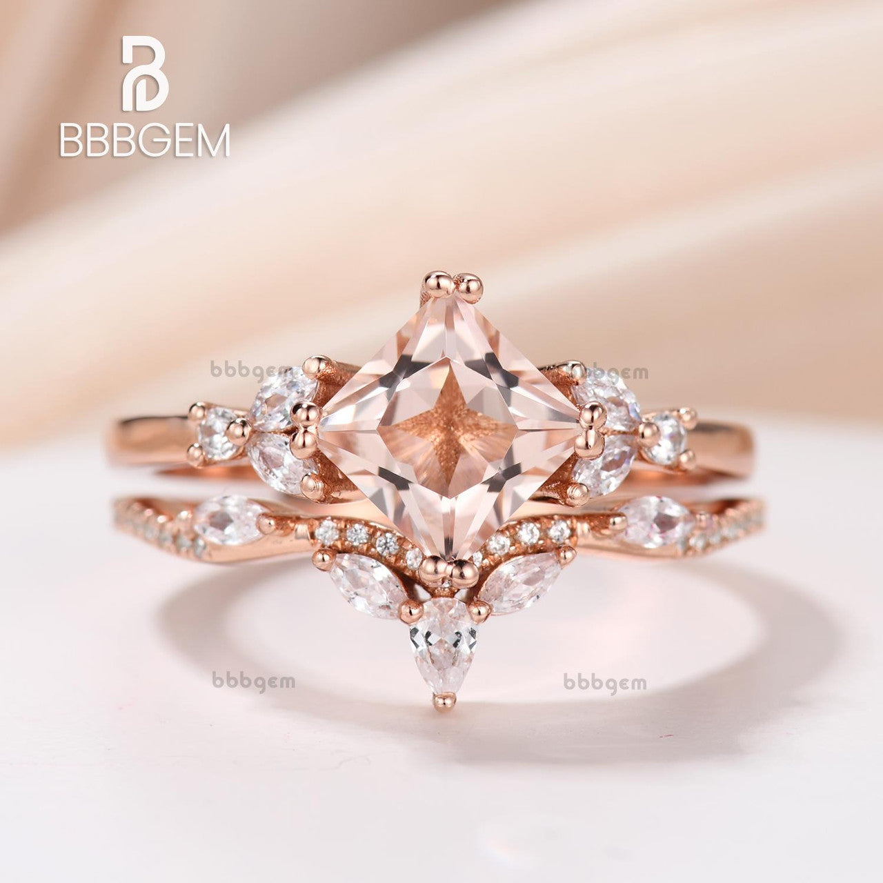 Princess Cut Peach Morganite Leaf Engagement Ring Set BBBGEM Jewelry
