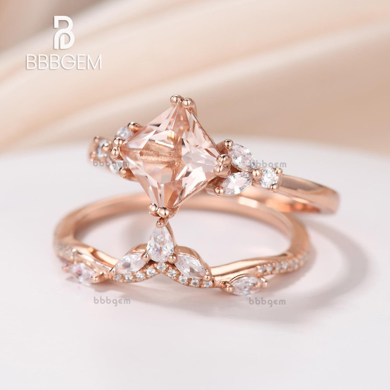 14K Rose Gold Princess Cut Peach Morganite Leaf Marquise Sidestones Engagement Ring Set