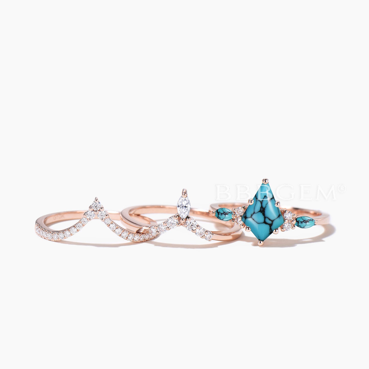 3PC Ring Set 1CT Kite Cut Turquoise Engagement Ring Diamond Curved Band