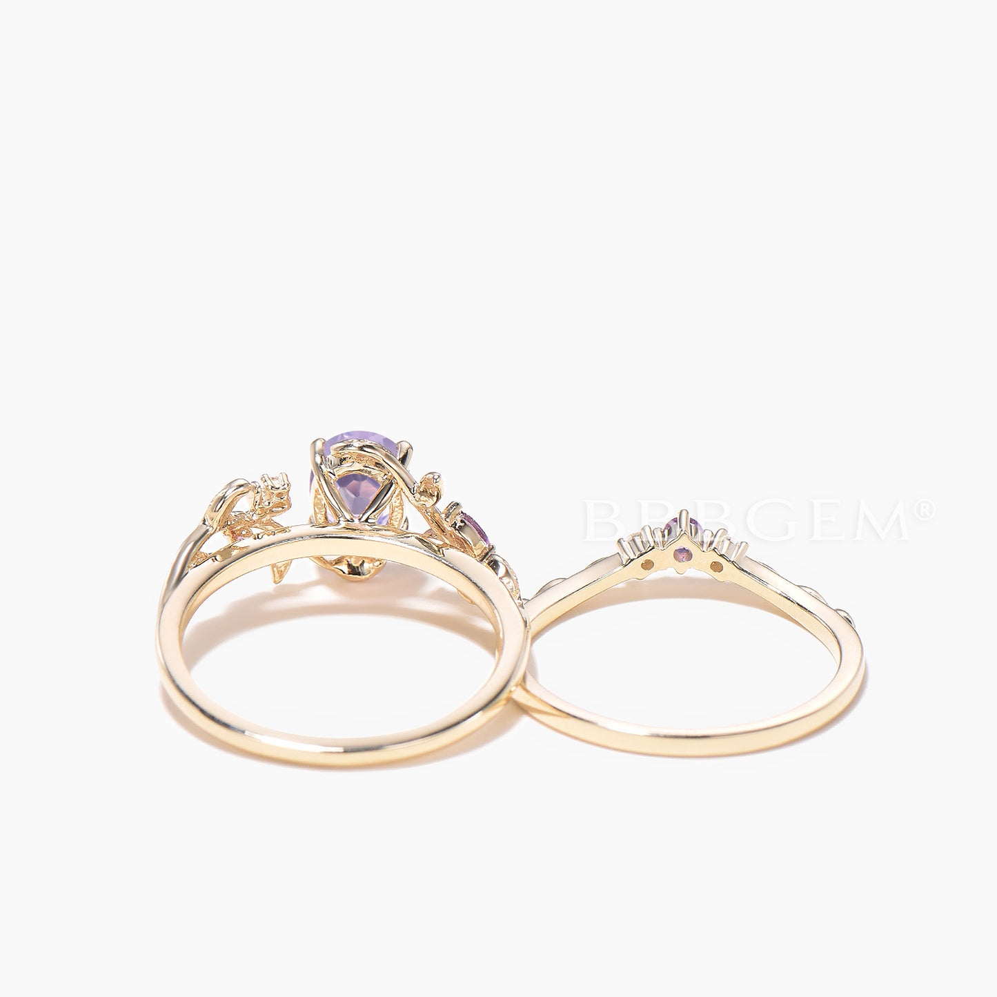 1.5CT Oval Cut Natural Lavender Amethyst Leaf Wedding Ring Moissanite Ring Set